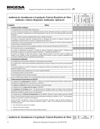 Programa Corporativo de Auditoria de Conformidade (PCAC) - 29
Auditoria de Atendimento à Legislação Federal Brasileira de Meio
Ambiente e Outros Requisitos Ambientais Aplicáveis
Satisfatório
BoasPráticas
NÃO
Conformidade
NãoAplicável
Violação
Falha
Sistêmica
Necessita
Melhorias
Unidade: Data: S BP V FS NM N/A
1. Comitês de Meio Ambiente
a) A unidade possui um Comitê de Meio Ambiente que:
a1) realiza reuniões documentadas, com a finalidade de discutir assuntos ambientais pertinentes à unidade. Esse comitê
possui um coordenador e representantes de diversos departamentos, e que por sua vez são conhecidos pelos funcionários
da unidade?
a2) discute, divulga e comenta as obrigações legais à qual a unidade está sujeita?
a3) divulga as ocorrências ambientais, conforme previsto no “Programa de Controle de Acidentes, Incidentes, Não
Conformidades, Ações Preventivas e Corretivas” (Programa de SST & MA 22)?
a4) determina ou auxilia na determinação de procedimentos que deverão ser adotados em caso de ocorrências ambientais,
visando minimizar os impactos adversos?
a5) possui conhecimento e fácil acesso à legislação ambiental e outros requisitos? (Programa de SST & MA 15)
b) O Comitê tem ainda a co-responsabilidade de:
b1) auxiliar na identificação de aspectos e avaliação de impactos ambientais, conforme requer o “Programa para
Identificação de Aspectos e Avaliação dos Impactos Ambientais” – (Programa de SST &MA 27)
b2) auxiliar na definição de meios para prevenir e mitigar impactos adversos, bem como auxiliar na definição de
medidas a serem adotadas, auxiliar na divulgação de resultados de avaliações, aos quais os próprios trabalhadores têm
ou possam ter influência direta nos resultados de monitoramento.
2. Licenciamento Ambiental
a) A unidade possui Licenciamento Ambiental? A documentação está atualizada?
b) A unidade segue as observações/considerações/condicionantes de licença constantes em seu processo de licenciamento
ambiental?
c) Na licença ambiental, o sistema de tratamento ou esgotamento sanitário está devidamente citado, inclusive com a
menção da respectiva vazão?
d) Existem pendências que justifiquem um T.A.C junto à agência ambiental?
e) A exploração mineral é em área de APP?
f) Existe titularidade de direito mineral outorgado?
g) Caso a unidade realize pesquisa, lavra ou beneficiamento mineral, essa atividade encontra-se licenciada?
3. Cadastramento/Licenciamento no IBAMA
a) A unidade possui cadastramento no IBAMA – Cadastro de Atividade Potencialmente Poluidora, listando todas as
atividades que a unidade desenvolve, de acordo com o Anexo II?
b) As guias de recolhimento trimestral estão atualizadas e devidamente pagas?
c) A unidade possui um comprovante de registro no IBAMA?
d) Os Relatórios de Atividades (anual – até 30/março) para as atividades sujeitas ao Cadastro Técnico Federal de
Atividades Potencialmente Poluidoras ou Utilizadoras de Recursos Ambientais estão sendo enviados? (mesmo que não
tenha havido atividade no período, este deve ser considerado)
e) A unidade possui o Certificado de Regularidade junto ao IBAMA, válido por 3 meses? (válido a partir de 01/06/06)
f) Para a Divisão Florestal (atividade agrícola), foram apresentadas anualmente ao IBAMA o ADA – Ato Declaratório
Ambiental (este substitui o Relatório de Atividades)?
A partir de 2006, este informa as Áreas de Preservação Permanente, de Reserva Legal, de Reserva Particular ao
Patrimônio Natural – RPPN, Áreas de Relevante Interesse Ecológico – ARIE e Áreas sob Manejo Florestal Sustentável
ou de Reflorestamento?
• áreas utilizadas para cada tipo de atividade;
• captação de água para irrigação;
• quantidade de defensivos, fertilizantes e demais produtos químicos.
Auditoria de Atendimento à Legislação Federal Brasileira de Meio
Satisfa
tório
Boas
NÃO
Conformidade
Não
Manual de Programas Corporativos de SST & MA17
 