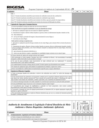 Programa Corporativo de Auditoria de Conformidade (PCAC) - 29
Unidade: Data: S BP V FS NM N/A
OBS. 5:
Anexo I: Emissão de poluentes atmosféricos provenientes de combustão externa de óleo combustível;
Anexo II: Emissão de poluentes atmosféricos provenientes de combustão de gás natural;
Anexo IV: Emissão de poluentes atmosféricos provenientes de turbina a gás para geração de energia elétrica.
Anexo VII: Emissão de poluentes atmosféricos provenientes de processos de fabricação de celulose.
9. Captação de Água para Consumo Interno
a) Existe necessidade de outorga de direito de uso de recursos hídricos?
Estão classificados nas seguintes modalidades os usos que dependem de outorga:
I - derivação ou captação de água de curso natural ou depósito superficial;
II - lançamento de esgotos e demais resíduos líquidos ou gasosos, direta ou indiretamente lançados, tratados ou não;
III - obras hidráulicas;
IV - serviços de limpeza, proteção de margens e desassoreamento de cursos d'água; e
V - travessias em cursos d'água.
Estão sujeitos à outorga os seguintes usos:
I - derivação ou captação de parcela de água existente em um corpo d'água, para consumo final ou insumo de processo
produtivo;
II - lançamentos de esgotos, efluentes e demais resíduos líquidos ou gasosos, direta ou indiretamente lançados, tratados
ou não, de qualquer fonte poluidora, com o fim de diluição, transporte ou disposição final em corpos d'água, observada
a legislação ambiental;
III - aproveitamento dos potenciais hidrelétricos; e
IV - outros usos que alterem o regime, a quantidade ou a qualidade da água existente em um corpo de água.
b) O prazo máximo de vigência da outorga de direito está vigente?
c) São monitoradas as vazões captadas e lançadas, bem como a qualidade do efluente, e são encaminhados à autoridade
outorgante os dados observados ou preconizados na outorga?
d) No caso de poços profundos, existe licenciamento de órgão ambiental para sua implantação? É necessário
licenciamento junto a outra agência ambiental?
e) Os condicionantes de licença/ outorga estão de acordo? Existem registros que documentem estes acordos?
f) Os sistemas de captação de água estão dotados de equipamentos de medição e registro das vazões?
g) Houve necessidade de se definir plano de monitoramento específico para as águas subterrâneas?
10. Emissão de Efluentes Líquidos
a) Todas as descargas líquidas são conhecidas e inclusive são conhecidas suas vazões? As vazões das descargas são
monitoradas?
b) Existe monitoramento dos parâmetros de lançamentos conforme prevê a legislação ambiental aplicável? Esses valores
estão dentro dos valores máximos permissíveis? Essas emissões são aceitáveis para manter a classificação do corpo d
´água receptor? Esses laudos são comentados, vistados e aprovados, com a assinatura do responsável da área?
c) O volume de descarga licenciado vem sendo cumprido? Já ocorreram picos próximos ou acima do limite permitido?
d) Existe possibilidade de água de processo ou de contenções atingirem corpos d´água?
e) O procedimento para lavagem de empilhadeiras é realizado em locais apropriados, onde existem canaletas
direcionadas para coletar água de lavagem e direcionar à ETE?
f) É necessária a instalação de caixas de inspeção posteriormente ao tratamento (SC) ou alguma adequação exigida pela
legislação ou agência ambiental?
g) São apresentados bimestralmente os laudos de efluentes domésticos que, por sua vez, constam de tratamento primário,
secundário e desinfecção (AM)?
Auditoria de Atendimento à Legislação Federal Brasileira de Meio
Ambiente e Outros Requisitos Ambientais Aplicáveis
Satisfatório
BoasPráticas
NÃO
Conformidade
NãoAplicável
Violação
Falha
Sistêmica
Necessita
Melhorias
Unidade: Data: S BP V FS NM N/A
11. Armazenamento/ Aquisição de Produtos Químicos
a) Todos os tanques são identificados por cores e números?
b) Existem planos de inspeção periódicos para tanques de armazenagem?
Manual de Programas Corporativos de SST & MA21
 