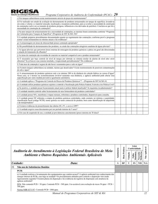 Programa Corporativo de Auditoria de Conformidade (PCAC) - 29
c) Em tanques subterrâneos existe monitoramento através de poços de monitoramento?
d) Foi realizado um estudo de avaliação de derramamento de produtos armazenados em tanque de superfície, levando-se
em conta o volume e o material estocado, localização e receptores ambientais, para se avaliar a necessidade de construção
de contenções (salvo em se tratando de produtos perigoso, inflamáveis e/ou derivados de petróleo). Concluiu-se que há a
necessidade de construção de contenções?
e) Se para tanques de armazenamento há a necessidade de contenções, as mesmas foram construídas conforme “Programa
de Contenções para Tanques de Superfície” (Programa de SST & MA 30)?
f) A unidade preparou procedimentos documentados quanto ao esgotamento das contenções, conforme prevê o programa
acima? existe treinamentos no mínimo anuais e há evidências?
g) A armazenagem em áreas de almoxarifado possui contenção apropriada?
h) Há possibilidade de derramamentos dos produtos, ou ainda das contenções atingirem canaletas de águas pluviais?
i) As águas pluviais que percorrem áreas externas de estocagem de produtos químicos e pátios em geral são direcionadas
a estação de tratamento de efluentes?
j) As áreas de contenção são revestidas de concreto ou material compatível com o produto armazenado?
k) É necessário que haja controle de nível de tanque por eletrodo ou sistema similar de alarme de nível alto/ nível
altíssimo? Se já houver esse sistema instalado, é inspecionado periodicamente? Há evidências?
l) Toda área de contenção é segura de não haver vazamentos para o solo ou água?
m) Existem tanques subterrâneos na unidade, mesmo que desativados? Existe monitoramento de possíveis contaminações
de solo e água?
n) A armazenamento de produtos químicos está a no mínimo 200 m de distância de coleção hídrica ou cursos d’água?
Nesse caso, se é técnica ou economicamente inviável aumentar essa distância, a agência ambiental pode alterar essa
especificação por outra medida preventiva igualmente satisfatória.
o) A unidade aplica o “Programa de Controle de Riscos de Produtos Químicos”? – (Programa de SST & MA 4)
p) A unidade utiliza produtos químicos sujeitos a controle e fiscalização pela Polícia Federal, Exército e/ou Polícia Civil?
q) Se positivo, a unidade possui licenciamento anual junto à polícia federal atualizado? Já requisitou recadastramento?
r) A unidade mantém controle sobre licenciamento de seus fornecedores de produtos controlados?
s) A unidade possui NFs, manifestos e mapas mensais, referentes a produtos controlados, disponíveis para consulta.
t) A unidade possui NF referente a compra de produtos químicos controlados, onde constam, no mínimo, a quantidade,
classificação fiscal (código NCM), nome químico ou nome comercial do produto, bem como identificação do adquirente
e da transportadora?
u) Existem evidências de preenchimento das tabelas III e IV, e envio à DPF?
v) A unidade arquiva esses documentos por um período mínimo de 5 anos?
x) Em caso de suspensão de uso, a unidade já providenciou cancelamento (prazo máximo de 30 dias)?
Auditoria de Atendimento à Legislação Federal Brasileira de Meio
Ambiente e Outros Requisitos Ambientais Aplicáveis
Satisfatório
BoasPráticas
NÃO
Conformidade
NãoAplicável
Violação
Falha
Sistêmica
Necessita
Melhorias
Unidade: Data: S BP V FS NM N/A
12. Não uso de Substâncias Banidas
PCB:
a) A unidade realizou o levantamento dos equipamentos que contém ascarel? A agência ambiental tem conhecimento dos
estoque internos de PCBs, caso haja na unidade? Os procedimentos adotados para controle e disposição vêm sendo
rigorosamente seguidos? Existem planos de disposição e há evidências de registros de disposição com anuência da
agência ambiental?
EPA: Não contendo PCB < 50 ppm. Contendo PCB > 500 ppm. Uso aceitável com avaliação de riscos 50 ppm < PCB <
500 ppm.
Norma NBR 8371/97: Contendo PCB> 1000 ppm.
Manual de Programas Corporativos de SST & MA 22
 