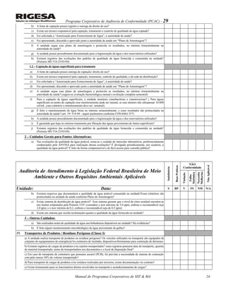 Programa Corporativo de Auditoria de Conformidade (PCAC) - 29
b) A fonte de captação possui registro e outorga de direito de uso?
c) Existe um técnico responsável pela captação, tratamento e controle de qualidade da água captada?
d) Foi solicitada a “Autorização para Fornecimento de Água”, à autoridade de saúde?
e) Foi apresentado, discutido e aprovado junto a autoridade de saúde um “Plano de Amostragem”?
f) A unidade segue esse plano de amostragem e protocola os resultados, no mínimo trimestralmente na
autoridade de saúde?
g) A unidade possui procedimento documentado para a higienização da água e dos reservatórios utilizados?
h) Existem registros das avaliações dos padrões de qualidade da água fornecida e consumida na unidade?
(Portaria MS 518-25/03/04)
1.2 – Captação de águas superficiais para tratamento
a) A fonte de captação possui outorga de captação/ direito de uso?
b) Existe um técnico responsável pela captação, tratamento, controle de qualidade, e da rede de distribuição?
c) Foi solicitada a “Autorização para Fornecimento de Água”, à autoridade de saúde?
d) Foi apresentado, discutido e aprovado junto a autoridade de saúde um “Plano de Amostragem”?
e) A unidade segue esse plano de amostragem e protocola os resultados, no mínimo trimestralmente na
autoridade de saúde? (sugere-se avaliação bacteriológica mensal e avaliação completa semestral)
f) Para a captação de águas superficiais, a unidade monitora cianobactérias e cianotoxicinas? ( Para águas
superficiais no ponto de captação esse monitoramento pode ser mensal, se esse número não ultrapassar 10.000
cel/mL ,caso contrário o monitoramento deve ser semanal).
g) É feito o monitoramento de água bruta no mínimo semestralmente, e esses resultados são protocolados na
autoridade de saúde? (art. 19/ 518-04 - seguir parâmetros conforme CONAMA 357)
h) A unidade possui procedimento documentado para a higienização da água e dos reservatórios utilizados?
i) É garantido que haja no mínimo tratamento por filtração das águas provenientes de fontes superficiais?
j) Existem registros das avaliações dos padrões de qualidade da água fornecida e consumida na unidade?
(Portaria MS 518-25/03/04).
2 – Cuidados Gerais para Fontes Alternativas:
a) Nas avaliações da qualidade da água potável, toma-se o cuidado de intercalar laboratórios, preferencialmente
credenciados pela ANVISA para realização dessas avaliações? É divulgada periodicamente, aos usuários, a
qualidade da água potável? É feito de forma compreensível e de fácil acesso para consulta pública?
Auditoria de Atendimento à Legislação Federal Brasileira de Meio
Ambiente e Outros Requisitos Ambientais Aplicáveis
Satisfatório
BoasPráticas
NÃO
Conformidade
NãoAplicável
Violação
Falha
Sistêmica
Necessita
Melhorias
Unidade: Data: S BP V FS NM N/A
b) Existem arquivos que documentem a qualidade da água potável consumida na unidade?Esses relatórios são
protocolados na unidade de saúde conforme Plano de Amostragem?
c) Existe sistema de desinfecção da água potável? Esse sistema garante que o nível de cloro residual encontra-se
nos limites estipulados pela Portaria 518? (considere o teor máximo de 5,0 ppm, embora o recomendável seja
2,0 ppm, e o teor mínimo de 0,2, embora o recomendável seja de 0,5 ppm)
d) Existe um sistema que receba reclamações quanto a qualidade da água fornecida na unidade?
3 – Outros Cuidados:
a) São realizados testes de qualidade da água nos bebedouros disponíveis na unidade? Há evidências?
b) É feito algum monitoramento microbiológico da água proveniente de galões?
15. Transportes de Produtos / Resíduos Perigosos (Classe I)
a) A unidade realiza transporte de produtos ou resíduos perigosos? Os veículos utilizados no transporte são equipados de
conjunto de equipamentos de emergência?ex.extintores de incêndio, dispositivos/ferramentas para contenção de derrames.
b) Existem registros de cargas de produtos e/ou rejeitos transportados? esses registros possuem data do transporte, quantia
de material transportado, nome da transportadora nos documentos e o local de disposição final?
c) Em caso de transporte de containers que possuam ascarel (PCB), foi prevista a necessidade de sistema de contenção
com pelo menos 30% do volume transportado?
d) Para transporte de cargas de produtos e/ou resíduos realizados por terceiros, existe documentação via contrato?
e) Existe treinamento para os funcionários diretos envolvidos no transporte e acondicionamento de cargas?
Manual de Programas Corporativos de SST & MA 24
 