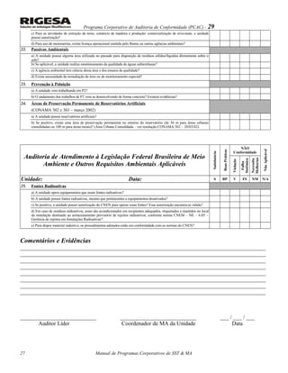 Programa Corporativo de Auditoria de Conformidade (PCAC) - 29
c) Para as atividades de extração de toras, comércio de madeira e produção/ comercialização de erva-mate, a unidade
possui autorização?
d) Para uso de motosserras, existe licença operacional emitida pelo Ibama ou outras agências ambientais?
22. Passivos Ambientais
a) A unidade possui alguma área utilizada no passado para disposição de resíduos sólidos/líquidos diretamente sobre o
solo?
b) Se aplicável, a unidade realiza monitoramento da qualidade de águas subterrâneas?
c) A agência ambiental tem ciência dessa área e dos ensaios de qualidade?
d) Existe necessidade de remediação de área ou de monitoramento especial?
23. Prevenção à Poluição
a) A unidade vem trabalhando em P2?
b) O andamento dos trabalhos de P2 vem se desenvolvendo de forma concreta? Existem evidências?
24. Áreas de Preservação Permanente de Reservatórios Artificiais
(CONAMA 302 e 303 – março 2002)
a) A unidade possui reservatórios artificiais?
b) Se positivo, existe uma área de preservação permanente no entorno do reservatório (de 30 m para áreas urbanas
consolidadas ou 100 m para áreas rurais)? (Área Urbana Consolidada – ver resolução CONAMA 302 – 20/03/02)
Auditoria de Atendimento à Legislação Federal Brasileira de Meio
Ambiente e Outros Requisitos Ambientais Aplicáveis
Satisfatório
BoasPráticas
NÃO
Conformidade
NãoAplicável
Violação
Falha
Sistêmica
Necessita
Melhorias
Unidade: Data: S BP V FS NM N/A
25. Fontes Radioativas
a) A unidade opera equipamentos que usam fontes radioativas?
b) A unidade possui fontes radioativas, mesmo que pertencentes a equipamentos desativados?
c) Se positivo, a unidade possui autorização do CNEN para operar essas fontes? Essa autorização encontra-se válida?
d) Em caso de resíduos radioativos, esses são acondicionados em recipientes adequados, etiquetados e mantidos no local
da instalação destinado ao armazenamento provisório de rejeitos radioativos, conforme norma CNEM – NE – 6.05 –
Gerência de rejeitos em Instalações Radioativas?
e) Para dispor material radiotivo, os procedimentos adotados estão em conformidade com as normas do CNEN?
Comentários e Evidências
_______________________________________________________________________________________
_______________________________________________________________________________________
_______________________________________________________________________________________
_______________________________________________________________________________________
_______________________________________________________________________________________
_______________________________________________________________________________________
_______________________________________________________________________________________
_______________________________________________________________________________________
___________________________ ___________________________ ___ / ___ / ___
Auditor Líder Coordenador de MA da Unidade Data
Manual de Programas Corporativos de SST & MA27
 