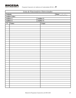 Programa Corporativo de Auditoria de Conformidade (PCAC) - 29
Lista de Funcionários Entrevistados
Unidade: Data: ___/___/___
Auditor Líder:
Auditor 1: Auditor 3:
Auditor 2: Auditor 4:
No
Nome: Cargo:
Manual de Programas Corporativos de SST & MA 28
 