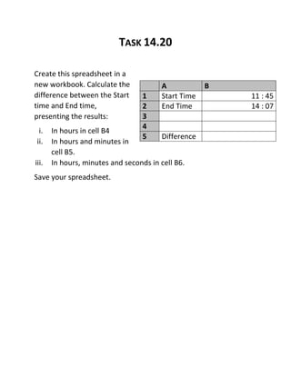 TASK 14.20
Create this spreadsheet in a
new workbook. Calculate the
difference between the Start
time and End time,
presenting the results:
i. In hours in cell B4
ii. In hours and minutes in
cell B5.
iii. In hours, minutes and seconds in cell B6.
Save your spreadsheet.
A B
1 Start Time 11 : 45
2 End Time 14 : 07
3
4
5 Difference
 
