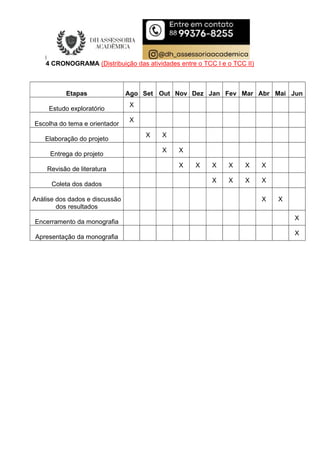 4 CRONOGRAMA (Distribuição das atividades entre o TCC I e o TCC II)
Etapas Ago Set Out Nov Dez Jan Fev Mar Abr Mai Jun
Estudo exploratório
X
Escolha do tema e orientador
X
Elaboração do projeto
X X
Entrega do projeto
X X
Revisão de literatura
X X X X X X
Coleta dos dados
X X X X
Análise dos dados e discussão
dos resultados
X X
Encerramento da monografia
X
Apresentação da monografia
X
 