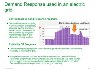 Schneider Electric 7/23
Demand Response used in an electric
grid
● Demand Response programs have been designed and piloted to enhance the
reliability of the electric grid.
● This presentation will discuss the various mechanisms used in Demand
Response programs to enhance reliability, and will discuss two case studies –
one involving emergencies and one involving normal operations – in which
Demand Response has proven to improve grid reliability
● Demand Response, adapting
the consumption of electricity
based on control and price
signals sent to the consumer,
has successfully mitigated
high market prices in the
wholesale energy markets
Conventional Demand Response Programs
Reliability DR Programs
 