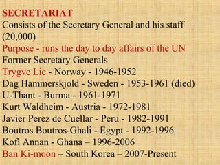 SECRETARIAT
Consists of the Secretary General and his staff
(20,000)
Purpose - runs the day to day affairs of the UN
Former Secretary Generals
Trygve Lie - Norway - 1946-1952
Dag Hammerskjold - Sweden - 1953-1961 (died)
U-Thant - Burma - 1961-1971
Kurt Waldheim - Austria - 1972-1981
Javier Perez de Cuellar - Peru - 1982-1991
Boutros Boutros-Ghali - Egypt - 1992-1996
Kofi Annan - Ghana – 1996-2006
Ban Ki-moon – South Korea – 2007-Present
 