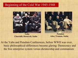 At the Yalta and Potsdam Conferences, before WWII was over,
basic philosophical differences became glaring: Democracy and
the free enterprise system versus dictatorship and communism
Beginning of the Cold War 1945-1948
Yalta
Churchill, Roosevelt, Stalin
Potsdam
Atlee, Truman, Stalin
 