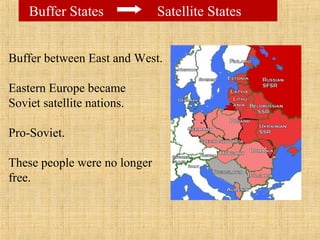 Buffer States Satellite States
Buffer between East and West.
Eastern Europe became
Soviet satellite nations.
Pro-Soviet.
These people were no longer
free.
 