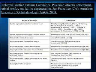Preferred Practice Patterns Committee. Posterior vitreous detachment, retinal breaks, and lattice degeneration. San Francisco (CA): American Academy of Ophthalmology (AAO); 2008. 