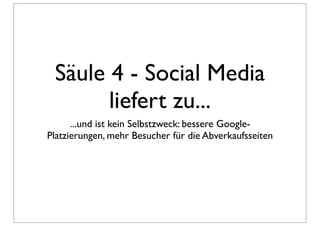 Säule 4 - Social Media
       liefert zu...
      ...und ist kein Selbstzweck: bessere Google-
Platzierungen, mehr Besucher für die Abverkaufsseiten
 