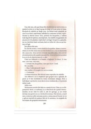 Una câte una, cele şase femei din rândul meu au venit să stea cu
spatele la mine şi cu faţa la grup, în timp ce le-am prins în braţe,
blocându-le mâinile pe lângă corp. Au folosit toate mişcările pe
care le-au dorit, majoritatea utilizând şi cositoarea la final, repro­
ducând şi efectul sonor. Erin, prietena lui Jacqueline, a utilizat
toate figurile de apărare, una după alta. Am zâmbit, imaginându-mi
atacatorul ei la pământ, implorând-o să fugă. Grupul ei a aplaudat,
iar ea a întrebat, foarte serioasă, dacă ar trebui să-i dea un şut îna­
inte să fugă.
îmi plăcea fata asta.
în cele din urmă, a venit rândul lui lacqueline. Ştiam că nervo­
zitatea ei era din cauza mea şi eram hotărât să n-o las în dezavantaj
din cauza asta. Avea nevoie să înveţe mişcările astea. Avea nevoie
să simtă puterea din spatele execuţiei lor. Avea nevoie de încredere
in ea şi era de datoria mea să i-o ofer.
Când am înlănţuit-o cu braţele, a îngheţat. La dracu. E vina
mea, vina mea, vina mea.
— Loveşte-mă, jacqueline, i-am spus încet. Cotul.
M-a ascultat.
— Bine. Calcă piciorul. Capul.
Am condus-o în şoaptă, iar ea m-a urmat.
— Cositoarea.
A mimat mişcarea, fără efectul sonor reprodus de celelalte.
Am eliberat-o şi s-a împleticit spre grupul care o aplauda, de
parcă ar fi fost medaliată la vreun eveniment olimpic. Erin a
îmbrăţişat-o protector şi am decis că era vrednică de a-i fi prietenă
iubitei mele.
Iubita mea.
Strânsoarea ursului din faţă m-a ameţit de tot. Chiar şi cu echi­
pamentul vătuit, cu audienţa şi cu obiectivul din spatele interac­
ţiunilor, m-am uitat în ochii ei, atât de aproape, şi am simţit
dorinţa mea pentru ea ca o lovitură în stomac. Din fericire, corpul
meu a intrat pe pilot automat pentru a mima atacul frontal, iar ea
a aplicat mişcările de apărare fără să i le amintesc, în strigătele de
încurajare ale grupului entuziasmat.
265
 