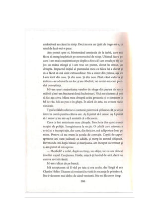 amândouă au căzut în nisip. Deci nu era un ţipăt de trage-mi-o, ci
unul de lasă-mâ-n pace.
Am pornit spre ei, blestemând ameţeala de la iarbă, care mă
facea să merg împleticit pe nenorocitul de nisip. Ultimul lucru pe
care l-am mai conştientizat pe deplin a fost că l-am smuls pe tip de
jos cu mâna stângă şi i-am tras un pumn, direct în obraz, cu
dreapta. Impactul iniţial al pumnului meu cu falca lui a durut şi
m-a făcut să mă simt extraordinar. Nu a căzut din prima, aşa că
l-am lovit din nou. Şi din nou. Şi din nou. Până când euforia şi
mânia s-au adunat la un loc şi au răbufnit, iar eu mi-am cam pier­
dut cunoştinţa.
Mi-am spart majoritatea vaselor de sânge din partea de sus a
mâinii şi mi-am fracturat două încheieturi. Nici nu ştiusem că pot
să fac aşa ceva. Mâna mea dreaptă arăta groaznic şi o simţeam la
fel de rău. Mi-au pus-o în ghips. în afară de asta, nu aveam nicio
vânătaie.
'l ipul celălalt suferise o contuzie puternică şi fusese cât pe ce să
intre în comă pentru câteva ore. Aş fi putut să-l omor. Aş fi putut
să-l omor şi nu ini-aş fi amintit că o făcusem.
Ceea ce îmi aminteam erau cătuşele. Bancheta din spate a unei
maşini de poliţie. înregistrarea la secţie. O celulă care mirosea a
urină şi a transpiraţie, dar care, din fericire, mă adăpostea doar pe
mine. Pentru că nu eram la şcoala de corecţie. Copiii de şapte­
sprezece ani sunt judecaţi ca adulţi, şi merg în arestul obişnuit.
Revenindu-mi după bătaie şi marijuana, am început să tremur şi
n-am putut să mă opresc.
— Maxfield! a urlat, după un timp, un ofiţer, iar eu am ridicat
imediat capul. Cauţiunea. Haide, mişcă-ţi fundul de-aici, dacă nu
cumva vrei să rămâi.
M-am ridicat de pe bancă.
Mă aşteptasem să îl văd pe tata şi era acolo, dar lângă el era
Charles Heller. Uitasem că veniseră în vizită în vacanţa de primăvară.
Nu-i văzusem mai deloc de când veniseră. Nu-mi făcusem timp.
286
 