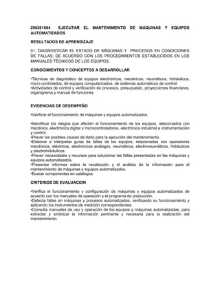 290201084 EJECUTAR EL MANTENIMIENTO DE MÁQUINAS Y EQUIPOS
AUTOMATIZADOS
RESULTADOS DE APRENDIZAJE
01. DIAGNOSTICAR EL ESTADO DE MÁQUINAS Y PROCESOS EN CONDICIONES
DE FALLAS; DE ACUERDO CON LOS PROCEDIMIENTOS ESTABLECIDOS EN LOS
MANUALES TÉCNICOS DE LOS EQUIPOS.
CONOCIMIENTOS Y CONCEPTOS A DESARROLLAR
•Técnicas de diagnóstico de equipos electrónicos, mecánicos, neumáticos, hidráulicos,
micro controlados, de equipos computarizados, de sistemas automáticos de control.
•Actividades de control y verificación de procesos, presupuesto, proyecciones financieras,
organigrama y manual de funciones.
EVIDENCIAS DE DESEMPEÑO
•Verificar el funcionamiento de máquinas y equipos automatizados.
•Identificar los riesgos que afecten el funcionamiento de los equipos, relacionados con
mecánica, electrónica digital y microcontroladores, electrónica industrial e instrumentación
y control.
•Prever las posibles causas de daño para la ejecución del mantenimiento.
•Elaborar e interpretar guías de fallas de los equipos, relacionadas con operadores
mecánicos, eléctricos, electrónicos análogos, neumáticos, electroneumáticos, hidráulicos
y electrohidráulicos.
•Prever necesidades y recursos para solucionar las fallas presentadas en las máquinas y
equipos automatizados.
•Presentar informes sobre la recolección y el análisis de la información para el
mantenimiento de máquinas y equipos automatizados.
•Buscar componentes en catálogos.
CRITERIOS DE EVALUACION
•Verifica el funcionamiento y configuración de máquinas y equipos automatizados de
acuerdo con los manuales de operación y el programa de producción.
•Detecta fallas en máquinas y procesos automatizados, verificando su funcionamiento y
aplicando los instrumentos de medición correspondientes.
•Consulta manuales de uso y operación de los equipos y máquinas automatizadas, para
extractar y sintetizar la información pertinente y necesaria para la realización del
mantenimiento.
 