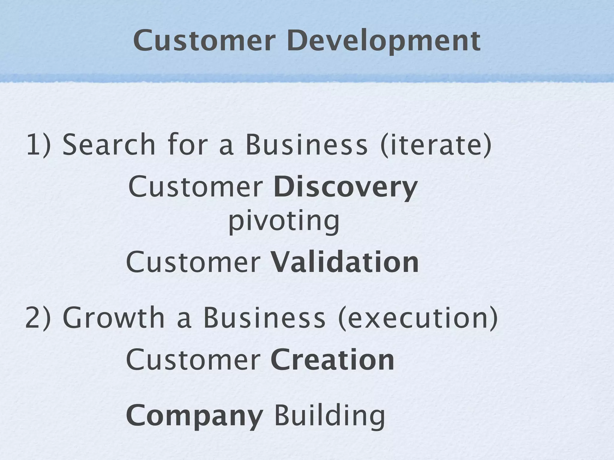 Customer Development


1) Search for a Business (iterate)
       Customer Discovery
               pivoting
       Customer Validation
2) Growth a Business (execution)
      Customer Creation
       Company Building
 