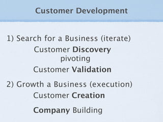 Customer Development


1) Search for a Business (iterate)
       Customer Discovery
               pivoting
       Custome...