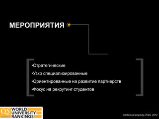 МЕРОПРИЯТИЯ




    •Стратегические
    •Узко специализированные
    •Ориентированные на развитие партнерств
    •Фокус на рекрутинг студентов




                                              Intellectual property of QS, 2012
 