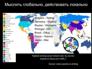 Мыслить глобально, действовать локально


              Belgium – Netlog
              Germany - StudiVZ
              Russia - VKontakte
              Portugal - Hi5
              Brazil - Orkut
              China – Xiaonei
              Japan - Mixi




            Highest ranking social network site by country
                     (based on Alexa.com traffic )

                              Source: www.oxyweb.co.uk/blog
 