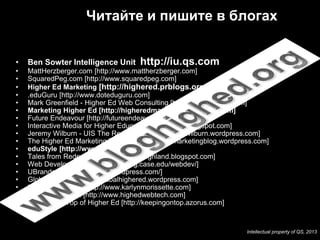 Читайте и пишите в блогах


•   Ben Sowter Intelligence Unit      http://iu.qs.com
•   MattHerzberger.com [http://www.mattherzberger.com]
•   SquaredPeg.com [http://www.squaredpeg.com]
•   Higher Ed Marketing [http://highered.prblogs.org]
•   .eduGuru [http://www.doteduguru.com]
•   Mark Greenfield - Higher Ed Web Consulting [http://www.markgr.com]
•   Marketing Higher Ed [http://higheredmarketing.blogspot.com]
•   Future Endeavour [http://futureendeavour.blogspot.com]
•   Interactive Media for Higher Education [http://imhe.blogspot.com]
•   Jeremy Wilburn - UIS The Real Deal [http://jeremywilburn.wordpress.com]
•   The Higher Ed Marketing Blog [http://higheredmarketingblog.wordpress.com]
•   eduStyle [http://www.edustyle.net]
•   Tales from Redesignland [http://redesignland.blogspot.com]
•   Web Development Blog [http://blog.case.edu/webdev/]
•   UBrander [http://ubrander.wordpress.com/]
•   GlobalHigherEd [http://globalhighered.wordpress.com]
•   Karlyn Morissette [http://www.karlynmorissette.com]
•   HighEdWebTech [http://www.highedwebtech.com]
•   Keeping on Top of Higher Ed [http://keepingontop.azorus.com]



                                                                      Intellectual property of QS, 2013
 