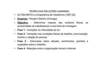 TEORIA DAS RELAÇÕES HUMANAS
• ELTON MAYO e a Experiência de Hawthorne (1927-32)
• Empresa - Western Electric (Chicago)
• Objectivo - Determinar impacto das variáveis físicas           na
  produtividade de trabalhadores numa linha de montagem
• Fase 1 - Variações na intensidade da luz
• Fase 2 - Variações nas condições físicas de trabalho, remuneração,
  horário e rotação do pessoal
• Fase 3 - Entrevistas sobre atitudes, sentimentos, opiniões e
  sugestões sobre o trabalho
• Fase 4 - Relações entre a organização formal e informal
 