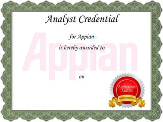 Analyst Credential
for Appian
is hereby awarded to
on
Venkata Damarnath Aluru
7/18/2016
 