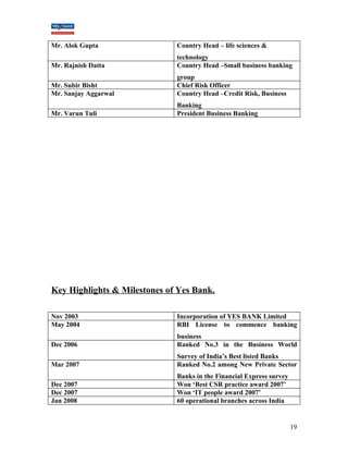Mr. Alok Gupta Country Head – life sciences & 
technology 
Mr. Rajnish Datta Country Head –Small business banking 
group 
Mr. Subir Bisht Chief Risk Officer 
Mr. Sanjay Aggarwal Country Head –Credit Risk, Business 
Banking 
Mr. Varun Tuli President Business Banking 
Key Highlights & Milestones of Yes Bank. 
Nov 2003 Incorporation of YES BANK Limited 
May 2004 RBI License to commence banking 
business 
Dec 2006 Ranked No.3 in the Business World 
Survey of India’s Best listed Banks 
Mar 2007 Ranked No.2 among New Private Sector 
Banks in the Financial Express survey 
Dec 2007 Won ‘Best CSR practice award 2007’ 
Dec 2007 Won ‘IT people award 2007’ 
Jan 2008 60 operational branches across India 
19 
 