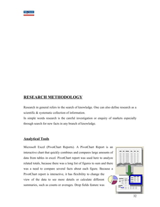 RESEARCH METHODOLOGY 
Research in general refers to the search of knowledge. One can also define research as a 
scientific & systematic collection of information. 
In simple words research is the careful investigation or enquiry of markets especially 
through search for new facts in any branch of knowledge. 
Analytical Tools 
Microsoft Excel (PivotChart Reports). A PivotChart Report is an 
interactive chart that quickly combines and compares large amounts of 
data from tables in excel. PivotChart report was used here to analyze 
related totals, because there was a long list of figures to sum and there 
was a need to compare several facts about each figure. Because a 
PivotChart report is interactive, it has flexibility to change the 
view of the data to see more details or calculate different 
summaries, such as counts or averages. Drop fields feature was 
32 
 