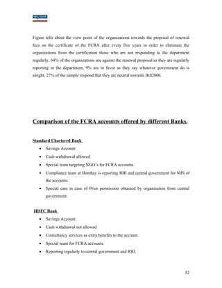 Figure tells about the view point of the organizations towards the proposal of renewal 
fees on the certificate of the FCRA after every five years in order to eliminate the 
organizations from the certification those who are not responding to the department 
regularly, 64% of the organizations are against the renewal proposal as they are regularly 
reporting to the department, 9% are in favor as they say whatever government do is 
alright, 27% of the sample respond that they are neutral towards Bill2006. 
Comparison of the FCRA accounts offered by different Banks. 
Standard Chartered Bank 
· Savings Account 
· Cash withdrawal allowed 
· Special team targeting NGO’s for FCRA accounts. 
· Compliance team at Bombay is reporting RBI and central government for MIS of 
the accounts. 
· Special care in case of Prior permission obtained by organization from central 
government. 
HDFC Bank 
· Savings Account 
· Cash withdrawal not allowed 
· Consultancy services as extra benefits to the account. 
· Special team for FCRA accounts. 
· Reporting regularly to central government and RBI. 
52 
 