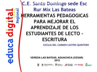 CENTRO EDUCATIVO SANTA ROSA DE CARACOL
   SEDE MARINILLA

C.E. Santo Domingo sede Esc
   VEREDA MARINILLA, AGUACHICA (CESAR)
   2012


     Rur Mix Las Bateas
HERRAMIENTAS PEDAGOGICAS
     PARA MEJORAR EL
    APRENDIZAJE DE LOS
  ESTUDIANTES DE LECTO –
         ESCRITURA
                CECILIA DEL CARMEN CASTRO QUINTERO




    VEREDA LAS BATEAS, AGUACHICA (CESAR)
                    2012
 