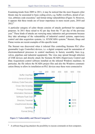 Supply Chain Cyber Security – Potential Threats56
Examining trends from 2009 to 2011, it may be noticed that the most frequent cyber
threats may be associated to basic coding errors, e.g. buffer overflows, denial of ser-
vice, arbitrary code execution,ii
and format string vulnerabilities (Figure 3). However,
it appears that these trends are of lesser importance in more recent years, 2010 and
2012.4
A particular category of cyber threats consists of attacks performed for espionage
purposes. In 2011 these raised to 82 per day from the 77 per day of the previous
year.8
These kinds of attacks are worrying many industries and governments because
they take advantage of the vulnerability of industrial control systems, supervisory
control and data acquisition systems, i.e. ICS/SCADA systems.4
Stuxnet, Duqu and
Flame worms are recent examples of this specific trend.
The Stuxnet was discovered when it infected files controlling Siemens PLC (Pro-
grammable Logic Controller) devices, i.e. a digital computer used for automation of
electromechanical processes to control machinery in factory assembly lines (e.g.
valves, pipelines and industrial equipment). The virus may spread through infection
of USB devices and directly attack the Siemens SCADA (Supervisory Control and
Data Acquisition) control software installed on the infected Windows machines. In
particular, the file infects the SCADA project files and also the Windows communi-
cation library to allow its installation on PLC devices once these were connected to
Figure 3: Vulnerability and Threat Categories.4
ii
A software bug giving attackers the possibility to execute commands on host computers.
 