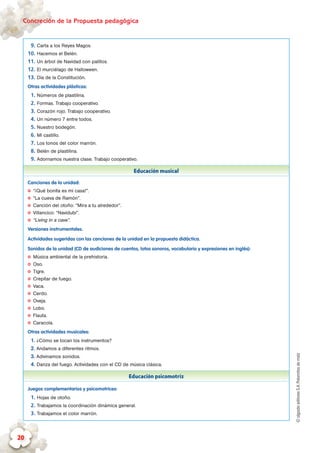 ©algaidaeditoresS.A.Palomitasdemaíz
Concreción de la Propuesta pedagógica
20
9.	Carta a los Reyes Magos.
10.	Hacemos el Belén.
11.	Un árbol de Navidad con palillos.
12.	El murciélago de Halloween.
13.	Día de la Constitución.
Otras actividades plásticas:
1.	Números de plastilina.
2.	Formas. Trabajo cooperativo.
3.	Corazón rojo. Trabajo cooperativo.
4.	Un número 7 entre todos.
5.	Nuestro bodegón.
6.	Mi castillo.
7.	Los tonos del color marrón.
8.	Belén de plastilina.
9.	Adornamos nuestra clase. Trabajo cooperativo.
Educación musical
Canciones de la unidad:
✪✪ “¡Qué bonita es mi casa!”.
✪✪ “La cueva de Ramón”.
✪✪ Canción del otoño: “Mira a tu alrededor”.
✪✪ Villancico: “Navidubi”.
✪✪ “Living in a cave”.
Versiones instrumentales.
Actividades sugeridas con las canciones de la unidad en la propuesta didáctica.
Sonidos de la unidad (CD de audiciones de cuentos, lotos sonoros, vocabulario y expresiones en inglés):
✪✪ Música ambiental de la prehistoria.
✪✪ Oso.
✪✪ Tigre.
✪✪ Crepitar de fuego.
✪✪ Vaca.
✪✪ Cerdo.
✪✪ Oveja.
✪✪ Lobo.
✪✪ Flauta.
✪✪ Caracola.
Otras actividades musicales:
1. ¿Cómo se tocan los instrumentos?
2. Andamos a diferentes ritmos.
3. Adivinamos sonidos.
4. Danza del fuego. Actividades con el CD de música clásica.
Educación psicomotriz
Juegos complementarios y psicomotrices:
1.	Hojas de otoño.
2.	Trabajamos la coordinación dinámica general.
3.	Trabajamos el color marrón.
 