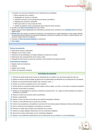 ©algaidaeditoresS.A.Palomitasdemaíz Programaciones de aula
23
„„ Acceder a los recursos interactivos de los materiales de aula digitales:
zz Mural interactivo de la unidad 2.
zz Desplegable de números y ordinales.
zz Calendario semanal con los pictogramas del tiempo atmosférico.
zz Regletas para componer cantidades.
zz Niños para vestir con ropa propia de otoño.
zz Tarjetas de palabras, nexos y pictogramas para componer textos sencillos.
✪✪ Acceder a las webs recomendadas para esta unidad.
✪✪ Realizar algunas fichas digitalizadas de matemáticas y lectoescritura, incluidas en los contenidos extra del Parque
Digital Infantil.
✪✪ Minisite Pop!: para repasar y ampliar el vocabulario y las expresiones en inglés trabajadas en esta unidad. Además,
los pequeños podrán ejercitar sus destrezas lingüísticas a través de la audición de cuentos, chants fonéticos, can-
ciones en inglés, lectura de imágenes…
✪✪ Visualizar el vídeo-documental didáctico La prehistoria.
✪✪ Libro digital.
Valoración del aprendizaje
Técnicas de evaluación:
✪✪ Observación directa y sistemática.
✪✪ Diálogos con los niños y niñas.
✪✪ Valoración de las actividades y el trabajo realizado a lo largo de la unidad.
✪✪ Observación del comportamiento de los niños y niñas.
✪✪ Recogida de información por parte de la familia y otros miembros del equipo docente.
Instrumentos de evaluación:
✪✪ Registro diario de incidencias.
✪✪ Portfolio.
✪✪ Registro de la unidad.
✪✪ Informe de evaluación trimestral.
Actividades de evaluación
1.	Nombrar las partes externas de la casa, las dependencias, los objetos y las acciones propias de cada una.
2.	Explicar de manera sencilla el trabajo de algunos de los profesionales que intervienen en la construcción de una vivienda.
3.	Dibujar una vivienda libremente (palafito, iglú, caravana, cueva…).
4.	Amasar un churrito de plastilina ancho y otro estrecho.
5.	Indicar dónde se encuentran determinados objetos: arriba o abajo, a un lado o a otro lado, a la derecha, alrededor.
6.	Resolver sumas hasta la cantidad 7.
7.	Señalar en el desplegable de números y ordinales los números del 1 al 7, seguir la direccionalidad con el dedo y
escribirlos en la pizarra.
8.	Explicar los datos que recuerde sobre la prehistoria.
9.	Dibujar un gliptodonte.
10.	Separar el óvalo del resto de las figuras del material manipulativo individual.
11.	Inventar un final diferente para el cuento de la unidad.
12.	Contar a los compañeros y compañeras lo que hizo el fin de semana pasado utilizando el tiempo verbal adecuado.
13.	Decir el antónimo de las palabras nombradas por el docente.
14.	Nombrar en inglés alguna palabra del vocabulario de la unidad.
15.	Realizar los juegos digitales relacionados con los contenidos trabajados.
16.	Discriminar sonidos relacionados con los contenidos trabajados.
17.	Dibujar a un/a profesional relacionado/a con la construcción de una vivienda, o a un/a arqueólogo/a.
 