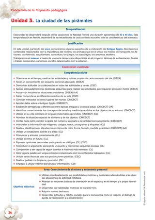 ©algaidaeditoresS.A.Palomitasdemaíz
Concreción de la Propuesta pedagógica
24
Temporalización
Esta unidad se desarrollará después de las vacaciones de Navidad. Tendrá una duración aproximada de 30 a 40 días. Esta
temporalización es flexible, dependerá de las necesidades de cada contexto educativo y de las características del alumnado.
Justificación
En esta unidad, partiendo del zoco, conoceremos algunos aspectos de la civilización del Antiguo Egipto. Abordaremos
contenidos relacionados con la importancia del río Nilo, los animales que en él vivían, los medios de transporte, los fa-
raones, las viviendas, las pirámides, la escritura, los juegos, los sarcófagos, los amuletos, etcétera.
Trabajaremos el invierno a través de una serie de recursos disponibles en el proyecto: láminas de ambientación, fiestas
y trabajo cooperativo, canciones, sonidos relacionados con la estación…
Concreción curricular
Competencias clave
✪✪ Orientarse en el tiempo y realizar las actividades y rutinas propias de cada momento del día. (SIEEA)
✪✪ Tener un conocimiento del esquema corporal adecuado. (SIEEA)
✪✪ Demostrar actitudes de colaboración en todas las actividades y tareas. (CSC)
✪✪ Aplicar adecuadamente las destrezas adquiridas para realizar las actividades que requieren precisión motriz. (SIEEA)
✪✪ Actuar con iniciativa en situaciones cotidianas. (SIEEA) (AA)
✪✪ Saber comportarse en diferentes ámbitos de su vida. (CSC)
✪✪ Conocer mercados de otros lugares del mundo. (CMCBCT)
✪✪ Aportar datos sobre el Antiguo Egipto. (CMCBCT)
✪✪ Establecer semejanzas y diferencias entre épocas antiguas y la época actual. (CMCBCT) (AA)
✪✪ Identificar correctamente los conceptos de tamaño y medida aprendidos en los objetos de su entorno. (CMCBCT)
✪✪ Utilizar en su vida cotidiana el lenguaje matemático aprendido. (CMCBCT) (CL)
✪✪ Nombrar la situación espacial de sí mismo y de los objetos. (CMCBCT)
✪✪ Contar hasta ocho, escribir la grafía del número y asociarlo a la cantidad correspondiente. (CMCBCT)
✪✪ Interpretar la información de imágenes, códigos, nexos, pictogramas y etiquetas. (CL)
✪✪ Realizar clasificaciones atendiendo a criterios de color, forma, tamaño, medida y cantidad. (CMCBCT) (AA)
✪✪ Utilizar un vocabulario acorde a la edad. (CL)
✪✪ Pronunciar y articular correctamente. (CL)
✪✪ Utilizar el verbo en futuro. (CL)
✪✪ Expresar opiniones personales participando en diálogos. (CL) (CSC)
✪✪ Reproducir el argumento general de un cuento y memorizar pequeñas poesías. (CL)
✪✪ Comprender y ser capaz de seguir cuentos e historias más extensas. (CL)
✪✪ Decir alguna palabra en lengua extranjera relacionada con los contenidos trabajados. (CL)
✪✪ Utilizar varias técnicas para sus producciones plásticas. (CEC)
✪✪ Realizar grafías con limpieza y precisión. (CL)
✪✪ Empezar a utilizar Internet para buscar información. (CD)
Área: Conocimiento de sí mismo y autonomía personal
Objetivos didácticos
✪✪ Utilizar coordinadamente sus posibilidades motrices y posturales adecuándolas a las diver-
sas situaciones de actividad cotidiana.
✪✪ Afianzar las nociones básicas de orientación en el espacio y en el tiempo, y la propia laterali-
dad.
✪✪ Desarrollar las habilidades motrices de carácter fino.
✪✪ Adquirir nuevas destrezas.
✪✪ Desarrollar actitudes y hábitos sociales para la convivencia como el respeto, el diálogo, la
ayuda, la negociación y la colaboración.
Unidad 3. La ciudad de las pirámides
 