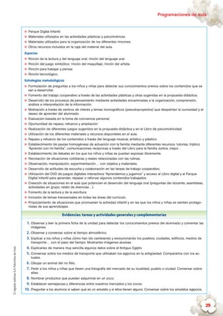 ©algaidaeditoresS.A.Palomitasdemaíz Programaciones de aula
29
✪✪ Parque Digital Infantil.
✪✪ Materiales utilizados en las actividades plásticas y psicomotrices.
✪✪ Materiales utilizados para la organización de los diferentes rincones.
✪✪ Otros recursos incluidos en la caja del material del aula.
Espacios
✪✪ Rincón de la lectura y del lenguaje oral: rincón del lenguaje oral.
✪✪ Rincón del juego simbólico: rincón del maquillaje; rincón del artista.
✪✪ Rincón para trabajar y pensar.
✪✪ Rincón tecnológico.
Estrategias metodológicas
✪✪ Formulación de preguntas a los niños y niñas para detectar sus conocimientos previos sobre los contenidos que se
van a desarrollar.
✪✪ Fomento del trabajo cooperativo a través de las actividades plásticas y otras sugeridas en la propuesta didáctica.
✪✪ Desarrollo de los procesos de pensamiento mediante actividades encaminadas a la organización, comprensión,
análisis e interpretación de la información.
✪✪ Motivación a través de centros de interés y temas monográficos (pseudoproyectos) que despiertan la curiosidad y el
deseo de aprender del alumnado.
✪✪ Evaluación basada en la toma de conciencia personal.
✪✪ Oportunidad de repaso, refuerzo y ampliación.
✪✪ Realización de diferentes juegos sugeridos en la propuesta didáctica y en el Libro de psicomotricidad.
✪✪ Utilización de los diferentes materiales y recursos disponibles en el aula.
✪✪ Repaso y refuerzo de los contenidos a través del lenguaje musical, artístico y plástico.
✪✪ Establecimiento de pautas homogéneas de actuación con la familia mediante diferentes recursos: tutorías, tríptico
“Aprendo con mi familia”, comunicaciones recíprocas a través del Libro para la familia Juntos, mejor…
✪✪ Establecimiento de debates en los que los niños y niñas se puedan expresar libremente.
✪✪ Recreación de situaciones cotidianas y reales relacionadas con las rutinas.
✪✪ Observación, manipulación, experimentación… con objetos y materiales.
✪✪ Desarrollo de actitudes de escucha y colaboración en las tareas de trabajo cooperativo.
✪✪ Utilización del DVD de juegos digitales interactivos “Aprendemos y jugamos” y acceso al Libro digital y al Parque
Digital Infantil para aprender, repasar o reforzar algunos contenidos trabajados.
✪✪ Creación de situaciones en el aula que potencien el desarrollo del lenguaje oral (preguntas del docente, asambleas,
actividades en grupo, relato de vivencias…).
✪✪ Fomento de la lectura y de la escritura.
✪✪ Inclusión de temas transversales en todas las áreas del currículo.
✪✪ Propiciamiento de situaciones que promueven la actividad infantil y en las que los niños y niñas se sienten protago-
nistas de sus aprendizajes.
Evidencias: tareas y actividades generales y complementarias
1.	Observar y leer la primera ficha de la unidad para detectar los conocimientos previos del alumnado y comentar las
imágenes.
2.	Observar y conversar sobre el tiempo atmosférico.
3.	Explicar a los niños y niñas cómo han ido cambiando y evolucionando los pueblos, ciudades, edificios, medios de
transporte… con el paso del tiempo. Mostrarles imágenes alusivas.
4.	Explicarles de manera muy sencilla algunos datos sobre el Antiguo Egipto.
5.	Conversar sobre los medios de transporte que utilizaban los egipcios en la antigüedad. Compararlos con los ac-
tuales.
6.	Dibujar un animal del río Nilo.
7.	Pedir a los niños y niñas que lleven una fotografía del mercado de su localidad, pueblo o ciudad. Conversar sobre
ellas.
8.	Nombrar productos que puedan adquirirse en un zoco.
9.	Establecer semejanzas y diferencias entre nuestros mercados y los zocos.
10.	Preguntar a los alumnos si saben qué es un amuleto y si ellos tienen alguno. Conversar sobre los amuletos egipcios.
 
