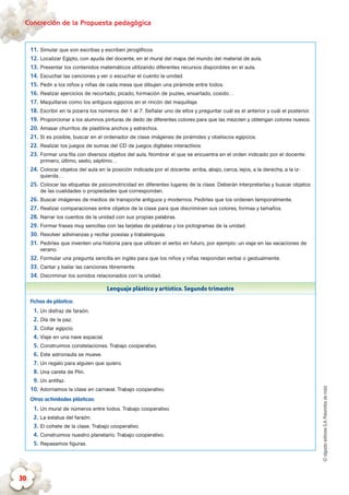 ©algaidaeditoresS.A.Palomitasdemaíz
Concreción de la Propuesta pedagógica
30
11.	Simular que son escribas y escriben jeroglíficos.
12.	Localizar Egipto, con ayuda del docente, en el mural del mapa del mundo del material de aula.
13.	Presentar los contenidos matemáticos utilizando diferentes recursos disponibles en el aula.
14.	Escuchar las canciones y ver o escuchar el cuento la unidad.
15.	Pedir a los niños y niñas de cada mesa que dibujen una pirámide entre todos.
16.	Realizar ejercicios de recortado, picado, formación de puzles, ensartado, cosido…
17.	Maquillarse como los antiguos egipcios en el rincón del maquillaje.
18.	Escribir en la pizarra los números del 1 al 7. Señalar uno de ellos y preguntar cuál es el anterior y cuál el posterior.
19.	Proporcionar a los alumnos pinturas de dedo de diferentes colores para que las mezclen y obtengan colores nuevos.
20.	Amasar churritos de plastilina anchos y estrechos.
21.	Si es posible, buscar en el ordenador de clase imágenes de pirámides y obeliscos egipcios.
22.	Realizar los juegos de sumas del CD de juegos digitales interactivos.
23.	Formar una fila con diversos objetos del aula. Nombrar el que se encuentra en el orden indicado por el docente:
primero, último, sexto, séptimo…
24.	Colocar objetos del aula en la posición indicada por el docente: arriba, abajo, cerca, lejos, a la derecha, a la iz-
quierda…
25.	Colocar las etiquetas de psicomotricidad en diferentes lugares de la clase. Deberán interpretarlas y buscar objetos
de las cualidades o propiedades que correspondan.
26.	Buscar imágenes de medios de transporte antiguos y modernos. Pedirles que los ordenen temporalmente.
27.	Realizar comparaciones entre objetos de la clase para que discriminen sus colores, formas y tamaños.
28.	Narrar los cuentos de la unidad con sus propias palabras.
29.	Formar frases muy sencillas con las tarjetas de palabras y los pictogramas de la unidad.
30.	Resolver adivinanzas y recitar poesías y trabalenguas.
31.	Pedirles que inventen una historia para que utilicen el verbo en futuro, por ejemplo: un viaje en las vacaciones de
verano.
32.	Formular una pregunta sencilla en inglés para que los niños y niñas respondan verbal o gestualmente.
33.	Cantar y bailar las canciones libremente.
34.	Discriminar los sonidos relacionados con la unidad.
Lenguaje plástico y artístico. Segundo trimestre
Fichas de plástica:
1.	Un disfraz de faraón.
2.	Día de la paz.
3.	Collar egipcio.
4.	Viaje en una nave espacial.
5.	Construimos constelaciones. Trabajo cooperativo.
6.	Este astronauta se mueve.
7.	Un regalo para alguien que quiero.
8.	Una careta de Plin.
9.	Un antifaz.
10.	Adornamos la clase en carnaval. Trabajo cooperativo.
Otras actividades plásticas:
1.	Un mural de números entre todos. Trabajo cooperativo.
2.	La estatua del faraón.
3.	El cohete de la clase. Trabajo cooperativo.
4.	Construimos nuestro planetario. Trabajo cooperativo.
5.	Repasamos figuras.
 