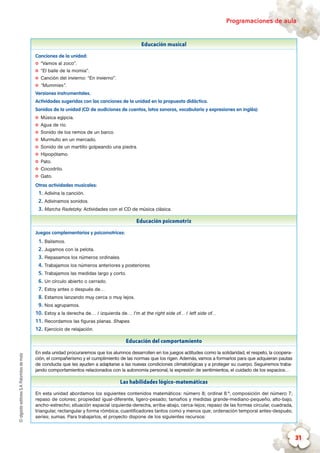 ©algaidaeditoresS.A.Palomitasdemaíz Programaciones de aula
31
Educación musical
Canciones de la unidad:
✪✪ “Vamos al zoco”.
✪✪ “El baile de la momia”.
✪✪ Canción del invierno: “En invierno”.
✪✪ “Mummies”.
Versiones instrumentales.
Actividades sugeridas con las canciones de la unidad en la propuesta didáctica.
Sonidos de la unidad (CD de audiciones de cuentos, lotos sonoros, vocabulario y expresiones en inglés):
✪✪ Música egipcia.
✪✪ Agua de río.
✪✪ Sonido de los remos de un barco.
✪✪ Murmullo en un mercado.
✪✪ Sonido de un martillo golpeando una piedra.
✪✪ Hipopótamo.
✪✪ Pato.
✪✪ Cocodrilo.
✪✪ Gato.
Otras actividades musicales:
1.	Adivina la canción.
2.	Adivinamos sonidos.
3.	Marcha Radetzky. Actividades con el CD de música clásica.
Educación psicomotriz
Juegos complementarios y psicomotrices:
1.	Bailamos.
2.	Jugamos con la pelota.
3.	Repasamos los números ordinales.
4.	Trabajamos los números anteriores y posteriores.
5.	Trabajamos las medidas largo y corto.
6.	Un círculo abierto o cerrado.
7.	Estoy antes o después de…
8.	Estamos lanzando muy cerca o muy lejos.
9.	Nos agrupamos.
10.	Estoy a la derecha de… / izquierda de… I’m at the right side of… / left side of…
11.	Recordamos las figuras planas. Shapes.
12.	Ejercicio de relajación.
Educación del comportamiento
En esta unidad procuraremos que los alumnos desarrollen en los juegos actitudes como la solidaridad, el respeto, la coopera-
ción, el compañerismo y el cumplimiento de las normas que los rigen. Además, vamos a formarlos para que adquieran pautas
de conducta que les ayuden a adaptarse a las nuevas condiciones climatológicas y a proteger su cuerpo. Seguiremos traba-
jando comportamientos relacionados con la autonomía personal, la expresión de sentimientos, el cuidado de los espacios…
Las habilidades lógico-matemáticas
En esta unidad abordamos los siguientes contenidos matemáticos: número 8; ordinal 8.º; composición del número 7;
repaso de colores; propiedad igual-diferente, ligero-pesado; tamaños y medidas grande-mediano-pequeño, alto-bajo,
ancho-estrecho; situación espacial izquierda-derecha, arriba-abajo, cerca-lejos; repaso de las formas circular, cuadrada,
triangular, rectangular y forma rómbica; cuantificadores tantos como y menos que; ordenación temporal antes-después;
series; sumas. Para trabajarlos, el proyecto dispone de los siguientes recursos:
 