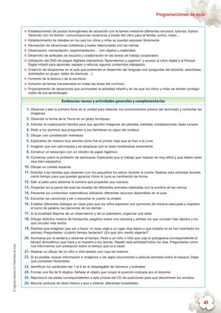 ©algaidaeditoresS.A.Palomitasdemaíz Programaciones de aula
41
✪✪ Establecimiento de pautas homogéneas de actuación con la familia mediante diferentes recursos: tutorías, tríptico
“Aprendo con mi familia”, comunicaciones recíprocas a través del Libro para la familia Juntos, mejor…
✪✪ Establecimiento de debates en los que los niños y niñas se puedan expresar libremente.
✪✪ Recreación de situaciones cotidianas y reales relacionadas con las rutinas.
✪✪ Observación, manipulación, experimentación… con objetos y materiales.
✪✪ Desarrollo de actitudes de escucha y colaboración en las tareas de trabajo cooperativo.
✪✪ Utilización del DVD de juegos digitales interactivos “Aprendemos y jugamos” y acceso al Libro digital y al Parque
Digital Infantil para aprender, repasar o reforzar algunos contenidos trabajados.
✪✪ Creación de situaciones en el aula que potencien el desarrollo del lenguaje oral (preguntas del docente, asambleas,
actividades en grupo, relato de vivencias…).
✪✪ Fomento de la lectura y de la escritura.
✪✪ Inclusión de temas transversales en todas las áreas del currículo.
✪✪ Propiciamiento de situaciones que promueven la actividad infantil y en las que los niños y niñas se sienten protago-
nistas de sus aprendizajes.
Evidencias: tareas y actividades generales y complementarias
1.	Observar y leer la primera ficha de la unidad para detectar los conocimientos previos del alumnado y comentar las
imágenes.
2.	Observar la forma de la Tierra en un globo terráqueo.
3.	Solicitar la colaboración familiar para que aporten imágenes de planetas, estrellas, constelaciones, fases lunares…
4.	Pedir a los alumnos que pregunten a sus familiares su signo del zodíaco.
5.	Dibujar una constelación inventada.
6.	Explicarles de manera muy sencilla cómo fue el primer viaje que se hizo a la Luna.
7.	Imaginar que son astronautas y se desplazan por la clase moviéndose lentamente.
8.	Construir un telescopio con un cilindro de papel higiénico.
9.	Conversar sobre la profesión de astronauta. Explicarles que el trabajo que realizan es muy difícil y que deben estar
muy bien equipados.
10.	Dibujar un cohete espacial.
11.	Solicitar a las familias que observen con los pequeños los astros durante la noche. Realizar esta actividad durante
cierto tiempo para que puedan apreciar cómo la Luna va cambiando de forma.
12.	Salir al patio para observar la sombra que proyectan sus cuerpos.
13.	Proyectar en la pared del aula las siluetas de diferentes animales realizadas con la sombra de las manos.
14.	Presentar los contenidos matemáticos utilizando diferentes recursos disponibles en el aula.
15.	Escuchar las canciones y ver o escuchar el cuento la unidad.
16.	Entablar diferentes diálogos en clase para que los niños expresen sus opiniones de manera adecuada y respeten
el turno de palabra, las opiniones de los demás…
17.	Si la localidad dispone de un observatorio y de un planetario, organizar una visita.
18.	Dibujar distintos medios de transporte, pegarlos sobre una cartulina y señalar los que circulan más rápidos y los
que circulan más lentos.
19.	Pedirles que imaginen que van a hacer un largo viaje a un lugar muy lejano y que todavía no se han inventado los
aviones. Preguntarles: ¿cuánto tiempo tardarían? ¿En qué otro medio viajarían?…
20.	Asomarse por la ventana y observar el tiempo. Pedir a un niño o niña que coja el pictograma correspondiente al
tiempo atmosférico que hace y lo muestre a los demás. Repetir esta actividad todos los días. Preguntarles cómo
nos informamos con antelación sobre el tiempo que va a hacer.
21.	Realizar un dibujo de un niño o niña vestido con ropa de invierno.
22.	Si es posible, buscar información e imágenes o ver algún documental o película animada sobre el espacio. Dejar
que comenten libremente.
23.	Identificar los cardinales del 1 al 9 en el desplegable de números y ordinales.
24.	Formar una fila de 9 objetos. Señalar el objeto que ocupe la posición indicada por el docente.
25.	Reproducir las pistas correspondientes a esta unidad del CD de audiciones para que discriminen los sonidos.
26.	Mezclar pinturas de dedo blanca y azul y obtener diferentes tonalidades.
 