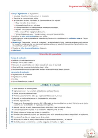 ©algaidaeditoresS.A.Palomitasdemaíz Programaciones de aula
45
✪✪ Parque Digital Infantil: en él podremos:
„„ Visualizar el cuento animado Aventura en el espacio.
„„ Escuchar las canciones de la unidad.
„„ Acceder a los recursos interactivos de los materiales de aula digitales:
zz Mural interactivo de la unidad 4.
zz Desplegable de números y ordinales.
zz Calendario semanal con los pictogramas del tiempo atmosférico.
zz Regletas para componer cantidades.
zz Niños para vestir con ropa propia de invierno.
zz Tarjetas de palabras, nexos y pictogramas para componer textos sencillos.
✪✪ Acceder a las webs recomendadas para esta unidad.
✪✪ Realizar algunas fichas digitalizadas de matemáticas y lectoescritura, incluidas en los contenidos extra del Parque
Digital Infantil.
✪✪ Minisite Pop!: para repasar y ampliar el vocabulario y las expresiones en inglés trabajadas en esta unidad. Además,
los pequeños podrán ejercitar sus destrezas lingüísticas a través de la audición de cuentos, chants fonéticos, can-
ciones en inglés, lectura de imágenes…
✪✪ Visualizar el vídeo-documental didáctico El espacio.
✪✪ Libro digital.
Valoración del aprendizaje
Técnicas de evaluación:
✪✪ Observación directa y sistemática.
✪✪ Diálogos con los niños y niñas.
✪✪ Valoración de las actividades y el trabajo realizado a lo largo de la unidad.
✪✪ Observación del comportamiento de los niños y niñas.
✪✪ Recogida de información por parte de la familia y otros miembros del equipo docente.
Instrumentos de evaluación:
✪✪ Registro diario de incidencias.
✪✪ Registro de la unidad.
✪✪ Portfolio.
✪✪ Informe de evaluación trimestral.
Actividades de evaluación
1.	Decir el nombre de nuestro planeta.
2.	Explicar de manera muy sencilla la utilidad de los satélites artificiales.
3.	Dibujar la Luna en diferentes fases.
4.	Pedirles que comenten los datos que hayan aprendido sobre el universo.
5.	Nombrar el medio de transporte en el que viajan los astronautas.
6.	Resolver algunas sumas.
7.	Señalar en el desplegable los números del 1 al 9 y seguir la direccionalidad con el dedo. Escribirlos en la pizarra.
Asociarlos con las cantidades de objetos que correspondan.
8.	Nombrar prendas de vestir para que los niños y niñas digan si son propias del invierno.
9.	Localizar objetos en el espacio en las situaciones indicadas por el docente.
10.	Señalar objetos de la clase que tengan forma esférica.
11.	Pedirles que cuenten las acciones que realizan durante el día teniendo en cuenta la temporalidad de las mismas.
12.	Inventar un final diferente para el cuento de la unidad.
13.	Mostrarles una serie de objetos para que realicen estimaciones de tamaño y de medida.
14.	Contestar gestual o verbalmente a sencillas preguntas formuladas en inglés.
 