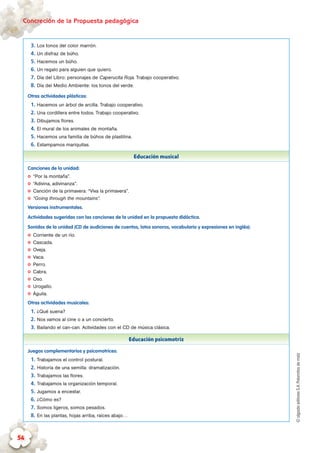 ©algaidaeditoresS.A.Palomitasdemaíz
Concreción de la Propuesta pedagógica
54
3.	Los tonos del color marrón.
4.	Un disfraz de búho.
5.	Hacemos un búho.
6.	Un regalo para alguien que quiero.
7.	Día del Libro: personajes de Caperucita Roja. Trabajo cooperativo.
8.	Día del Medio Ambiente: los tonos del verde.
Otras actividades plásticas:
1.	Hacemos un árbol de arcilla. Trabajo cooperativo.
2.	Una cordillera entre todos. Trabajo cooperativo.
3.	Dibujamos flores.
4.	El mural de los animales de montaña.
5.	Hacemos una familia de búhos de plastilina.
6.	Estampamos mariquitas.
Educación musical
Canciones de la unidad:
✪✪ “Por la montaña”.
✪✪ “Adivina, adivinanza”.
✪✪ Canción de la primavera: “Viva la primavera”.
✪✪ “Going through the mountains”.
Versiones instrumentales.
Actividades sugeridas con las canciones de la unidad en la propuesta didáctica.
Sonidos de la unidad (CD de audiciones de cuentos, lotos sonoros, vocabulario y expresiones en inglés):
✪✪ Corriente de un río.
✪✪ Cascada.
✪✪ Oveja.
✪✪ Vaca.
✪✪ Perro.
✪✪ Cabra.
✪✪ Oso.
✪✪ Urogallo.
✪✪ Águila.
Otras actividades musicales:
1.	¿Qué suena?
2.	Nos vamos al cine o a un concierto.
3.	Bailando el can-can. Actividades con el CD de música clásica.
Educación psicomotriz
Juegos complementarios y psicomotrices:
1.	Trabajamos el control postural.
2.	Historia de una semilla: dramatización.
3.	Trabajamos las flores.
4.	Trabajamos la organización temporal.
5.	Jugamos a encestar.
6.	¿Cómo es?
7.	Somos ligeros, somos pesados.
8.	En las plantas, hojas arriba, raíces abajo…
 