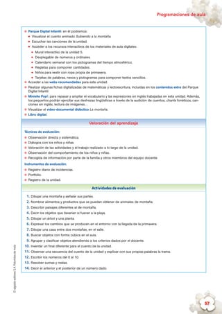 ©algaidaeditoresS.A.Palomitasdemaíz Programaciones de aula
57
✪✪ Parque Digital Infantil: en él podremos:
„„ Visualizar el cuento animado Subiendo a la montaña.
„„ Escuchar las canciones de la unidad.
„„ Acceder a los recursos interactivos de los materiales de aula digitales:
zz Mural interactivo de la unidad 5.
zz Desplegable de números y ordinales.
zz Calendario semanal con los pictogramas del tiempo atmosférico.
zz Regletas para componer cantidades.
zz Niños para vestir con ropa propia de primavera.
zz Tarjetas de palabras, nexos y pictogramas para componer textos sencillos.
✪✪ Acceder a las webs recomendadas para esta unidad.
✪✪ Realizar algunas fichas digitalizadas de matemáticas y lectoescritura, incluidas en los contenidos extra del Parque
Digital Infantil.
✪✪ Minisite Pop!: para repasar y ampliar el vocabulario y las expresiones en inglés trabajadas en esta unidad. Además,
los pequeños podrán ejercitar sus destrezas lingüísticas a través de la audición de cuentos, chants fonéticos, can-
ciones en inglés, lectura de imágenes…
✪✪ Visualizar el vídeo-documental didáctico La montaña.
✪✪ Libro digital.
Valoración del aprendizaje
Técnicas de evaluación:
✪✪ Observación directa y sistemática.
✪✪ Diálogos con los niños y niñas.
✪✪ Valoración de las actividades y el trabajo realizado a lo largo de la unidad.
✪✪ Observación del comportamiento de los niños y niñas.
✪✪ Recogida de información por parte de la familia y otros miembros del equipo docente.
Instrumentos de evaluación:
✪✪ Registro diario de incidencias.
✪✪ Portfolio.
✪✪ Registro de la unidad.
Actividades de evaluación
1.	Dibujar una montaña y señalar sus partes.
2.	Nombrar alimentos y productos que se puedan obtener de animales de montaña.
3.	Describir paisajes diferentes al de montaña.
4.	Decir los objetos que llevarían si fueran a la playa.
5.	Dibujar un árbol y una planta.
6.	Expresar los cambios que se producen en el entorno con la llegada de la primavera.
7.	Dibujar una casa entre dos montañas, en el valle.
8.	Buscar objetos con forma cúbica en el aula.
9.	Agrupar y clasificar objetos atendiendo a los criterios dados por el docente.
10.	Inventar un final diferente para el cuento de la unidad.
11.	Observar una secuencia del cuento de la unidad y explicar con sus propias palabras la trama.
12.	Escribir los números del 0 al 10.
13.	Resolver sumas y restas.
14.	Decir el anterior y el posterior de un número dado.
 