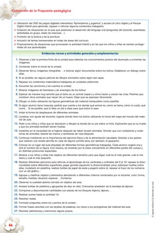 ©algaidaeditoresS.A.Palomitasdemaíz
Concreción de la Propuesta pedagógica
64
✪✪ Utilización del DVD de juegos digitales interactivos “Aprendemos y jugamos” y acceso al Libro digital y al Parque
Digital Infantil para aprender, repasar o reforzar algunos contenidos trabajados.
✪✪ Creación de situaciones en el aula que potencien el desarrollo del lenguaje oral (preguntas del docente, asambleas,
actividades en grupo, relato de vivencias…).
✪✪ Fomento de la lectura y de la escritura.
✪✪ Inclusión de temas transversales en todas las áreas del currículo.
✪✪ Propiciamiento de situaciones que promueven la actividad infantil y en las que los niños y niñas se sienten protago-
nistas de sus aprendizajes.
Evidencias: tareas y actividades generales y complementarias
1.	Observar y leer la primera ficha de la unidad para detectar los conocimientos previos del alumnado y comentar las
imágenes.
2.	Conversar sobre el mural de la unidad.
3.	Observar libros, imágenes, fotografías… o visionar algún documental sobre los búhos. Establecer un diálogo sobre
ellas.
4.	Si es posible, ver alguna película de dibujos animados sobre algún ave rapaz.
5.	Repasar los contenidos matemáticos trabajados en unidades anteriores.
6.	Escuchar las canciones y los cuentos la unidad.
7.	Mostrar imágenes de familiares y de enemigos de los búhos.
8.	Explicar de manera muy sencilla que el búho es un animal ovíparo y cómo nacen y crecen las crías. Pedirles que
nombren otros animales que nacen de un huevo. Dejar que se expresen libremente.
9.	Dibujar un búho utilizando las figuras geométricas del material manipulativo como plantilla.
10.	Si algún alumno tiene mascota, pedirle que cuente a los demás qué animal es, cómo se llama, cómo lo cuida, qué
come… Si es posible, que lo lleve un día a clase para que todos lo vean.
11.	Imitar la forma de desplazarse de diferentes animales.
12.	Localizar, con ayuda del docente, lugares donde viven los búhos utilizando el mural del mapa del mundo del mate-
rial de aula.
13.	Pedir a los niños y niñas que se descalcen y dibujen la silueta de su pie sobre un folio. Explicarles que es su huella
y que los animales también tienen huellas.
14.	Insistirles en la necesidad de la higiene después de haber tocado animales. Simular que son cuidadores y cuida-
doras de animales, lavarse las manos y cambiarse de ropa después.
15.	Continuar insistiendo en la importancia del ejercicio físico y de la alimentación saludable. Solicitar a los padres
que realicen una receta sencilla en casa de alguna comida sana, por ejemplo, el gazpacho.
16.	Colocar en un lugar del aula etiquetas de diferentes formas geométricas trabajadas. Cada alumno cogerá una y
dirá el nombre de su figura. Con música, se moverán por la clase colocándola en diferentes partes del cuerpo y
en distintas posiciones espaciales.
17.	Mostrar a los niños y niñas tres objetos de diferentes tamaños para que digan cuál es el más grande, cuál el me-
diano y cuál el más pequeño.
18.	Realizar diferentes ejercicios para reforzar el aprendizaje de los cardinales y ordinales del 0 al 10: repasar la direc-
cionalidad sobre diferentes superficies, pegar gomets siguiendo la direccionalidad, picar, estampar huellas sobre
ellas, modelarlo en plastilina, realizar bolitas de papel de seda y pegarlo sobre él, repasar el trazo de los números
con un útil gráfico…
19.	Agrupar y clasificar objetos y elementos atendiendo a diferentes criterios nombrados por el docente: color, forma,
tamaño, medida, situación espacial… Contarlos.
20.	Observar la cualidad abierto-cerrado en objetos del aula.
21.	Amasar bolitas de plastilina y agruparlas de diez en diez. Colocarlas alrededor de la bandeja de lápices.
22.	Componer y descomponer cantidades con piezas de los bloques lógicos, lápices…
23.	Realizar sumas hasta la cantidad 10.
24.	Resolver restas.
25.	Formular preguntas sobre los cuentos de la unidad.
26.	Formar frases sencillas con las tarjetas de palabras, los nexos y los pictogramas del material del aula.
27.	Resolver adivinanzas y memorizar alguna poesía.
 