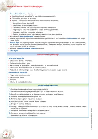 ©algaidaeditoresS.A.Palomitasdemaíz
Concreción de la Propuesta pedagógica
68
✪✪ Parque Digital Infantil: en él podremos:
„„ Visualizar el cuento animado ¿Por qué el búho solo sale de noche?
„„ Escuchar las canciones de la unidad.
„„ Acceder a los recursos interactivos de los materiales de aula digitales:
zz Mural interactivo de la unidad 6.
zz Desplegable de números y ordinales.
zz Calendario semanal con los pictogramas del tiempo atmosférico.
zz Regletas para componer cantidades y asociar números y cantidades.
zz Niños para vestir con ropa propia del verano.
zz Tarjetas de palabras, nexos y pictogramas para componer textos sencillos.
✪✪ Acceder a las webs recomendadas para esta unidad.
✪✪ Realizar algunas fichas digitalizadas de matemáticas y lectoescritura, incluidas en los contenidos extra del Parque
Digital Infantil.
✪✪ Minisite Pop!: para repasar y ampliar el vocabulario y las expresiones en inglés trabajadas en esta unidad. Además,
los pequeños podrán ejercitar sus destrezas lingüísticas a través de la audición de cuentos, chants fonéticos, can-
ciones en inglés, lectura de imágenes…
✪✪ Visualizar el vídeo-documental didáctico Los búhos.
✪✪ Libro digital.
Valoración del aprendizaje
Técnicas de evaluación:
✪✪ Observación directa y sistemática.
✪✪ Diálogos con los niños y niñas.
✪✪ Valoración de las actividades y el trabajo realizado a lo largo de la unidad.
✪✪ Observación del comportamiento de los niños y niñas.
✪✪ Recogida de información por parte de la familia y otros miembros del equipo docente.
Instrumentos de evaluación:
✪✪ Registro diario de incidencias.
✪✪ Registro de la unidad.
✪✪ Portfolio.
✪✪ Informe de evaluación trimestral.
Actividades de evaluación
1.	Nombrar algunas características morfológicas del búho.
2.	Decir el nombre de la figura geométrica a la que se parece la cabeza del búho.
3.	Decir la forma de desplazarse de algunos animales nombrados por el docente.
4.	Clasificar animales atendiendo al tipo de piel.
5.	Nombrar algún lugar en el que vivan los búhos.
6.	Contar algún dato curioso sobre el animal trabajado.
7.	Dibujar un enemigo del búho.
8.	Agrupar y clasificar objetos atendiendo a los criterios de color, forma, tamaño, medida y situación espacial trabaja-
dos a lo largo del curso.
9.	Completar series ascendente y descendente de números.
10.	Componer un numero dado de diferentes maneras.
11.	Resolver correctamente sumas y restas.
 