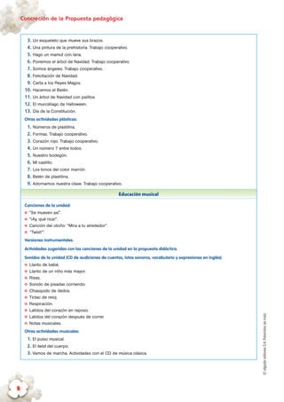 ©algaidaeditoresS.A.Palomitasdemaíz
Concreción de la Propuesta pedagógica
8
3.	Un esqueleto que mueve sus brazos.
4.	Una pintura de la prehistoria. Trabajo cooperativo.
5.	Hago un mamut con lana.
6.	Ponemos el árbol de Navidad. Trabajo cooperativo.
7.	Somos ángeles. Trabajo cooperativo.
8.	Felicitación de Navidad.
9.	Carta a los Reyes Magos.
10.	Hacemos el Belén.
11.	Un árbol de Navidad con palillos.
12.	El murciélago de Halloween.
13.	Día de la Constitución.
Otras actividades plásticas:
1.	Números de plastilina.
2.	Formas. Trabajo cooperativo.
3.	Corazón rojo. Trabajo cooperativo.
4.	Un número 7 entre todos.
5.	Nuestro bodegón.
6.	Mi castillo.
7.	Los tonos del color marrón.
8.	Belén de plastilina.
9.	Adornamos nuestra clase. Trabajo cooperativo.
Educación musical
Canciones de la unidad:
✪✪ “Se mueven así”.
✪✪ “¡Ay, qué rica!”.
✪✪ Canción del otoño: “Mira a tu alrededor”.
✪✪ “Twist!”.
Versiones instrumentales.
Actividades sugeridas con las canciones de la unidad en la propuesta didáctica.
Sonidos de la unidad (CD de audiciones de cuentos, lotos sonoros, vocabulario y expresiones en inglés):
✪✪ Llanto de bebé.
✪✪ Llanto de un niño más mayor.
✪✪ Risas.
✪✪ Sonido de pisadas corriendo.
✪✪ Chasquido de dedos.
✪✪ Tictac de reloj.
✪✪ Respiración.
✪✪ Latidos del corazón en reposo.
✪✪ Latidos del corazón después de correr.
✪✪ Notas musicales.
Otras actividades musicales:
1. El pulso musical.
2. El twist del cuerpo.
3. Vamos de marcha. Actividades con el CD de música clásica.
 