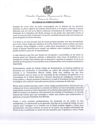 Carta de Senador Roger Pinto a Bolivia