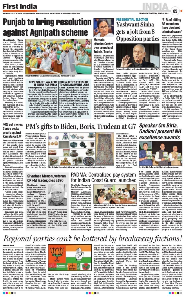 MUMBAI | WEDNESDAY, JUNE 29, 2022
05
INDIA
www.firstindia.co.in I www.firstindia.co.in/epapers/mumbai I twitter.com/thefirstindia I facebook.com/thefirstindia I instagram.com/thefirstindia
Sharat K Verma
New Delhi: Even for
the sake of exception, it
does not fall in memory,
that if a regional party
has broken up and the
party has passed from
the hands of the found-
ing leader’s family to
another person. Region-
al parties are also bro-
ken but their break is
never too devastating.
Second, the party has
remained within the
family in most cases
since its breakup and
third, no other regional
party formed out of re-
gional parties has been
more successful. Hence
Shiv Sena cannot be im-
agined without Thack-
erays. It is possible that
Shiv Sena may break up
and a large number of
its MLAs and MPs may
go along with Eknath
Shinde but in spite of
that Shiv Sena will re-
main of Thackeray
family. Keep in mind
that Raj Thackeray had
also separated from
Shiv Sena to form Ma-
harashtra Navnirman
Sena but the party did
not succeed, even
though he was a mem-
ber of the Thackeray
family
.
Many parties were
formed after breaking
away from the Congress
and the BJP, some of
which were also suc-
cessful. Similarly, after
the break-up in the so-
cialist camp, many par-
ties were formed and
were successful. But
this is not the case with
regional parties. Parties
formed by a strong sa-
trap do not break and
even if they break, the
separation group ends.
For example, in the
nineties, there was a
major breakdown in the
Jharkhand Mukti Mor-
cha. Krishna Mardi had
formed a separate fac-
tion, but in the very next
election, the party end-
ed. Parkash Singh Bad-
al’s nephew Manpreet
Badal formed the Pun-
jab People’s Party after
breaking away from the
Akali Dal, but the party
ended in the very first
election. After breaking
away from DMK, MK
Alagiri formed a sepa-
rate party but could not
make a dent in the state
politics. Shivpal Yadav
formed the party after
separating from the Sa-
majwadi Party, but
failed.
After the breakup,
some of the parties
which were left in the
hands of someone from
the family became suc-
cessful.LikeinHaryana,
Dushyant Chautala
formedtheJannayakJa-
nata Party after separat-
ing from the Indian Na-
tional Lok Dal and was
successful in the first
elections. Now the main
partyof Chautalafamily
is JJP
. The Telugu Des-
am Party formed by NT
Rama Rao was taken un-
dercontrolbyhisson-in-
lawChandrababuNaidu
and he was also success-
ful. But no person from
outside can usurp par-
tieswhicharecontrolled
by one family
.
Despite being weak,
such parties are bound
by the charisma of the
leader. For example, de-
spite being marginal-
ised, there are many
parties like Rashtriya
Janata Dal in Bihar,
DMK in Tamil Nadu,
JDS in Karnataka, RLD
in Uttar Pradesh, Akali
Dal in Punjab, in which
there was no big break
and the parties sur-
vived. In this, there is a
different example of
Lok Janshakti Party of
Bihar, in which family
members quarreled,
party broke down and
party’s name and elec-
tion symbol was confis-
cated. Despite this, it is
certain that the legacy
of Ram Vilas Paswan
will remain with his
son Chirag Paswan.
Regional parties can’t be battered by breakaway factions!
Punjab to bring resolution
against Agnipath scheme
Chandigarh (Agen-
cies): Punjab Chief
Minister Bhagwant
Mann on Tuesday in-
formed the Assembly
that the state will soon
bring a resolution in
the House to oppose the
Centre’s Agnipath
scheme regarding the
defence recruitment.
Also, he said, a reso-
lution on condemning
thebanonSidhuMoose-
wala’s new song, SYL,
on YouTube.
“Agnipath is a whim-
sical and irrational
move of the NDA gov-
ernment which will de-
stroy the basic fabric of
the Indian Army,” said
thechief minister,while
replying to issue raised
by Leader of Opposition
and Congress member
Partap Singh Bajwa
during Zero hour.
However, BJP mem-
ber Ashwani Sharma
opposed the move.
The Chief Minister
said this is another il-
logicalmovebytheNDA
government to ruin the
future of the youth.
OPPN STAGES WALKOUT
IN BIHAR ASSEMBLY
DIDI ALLEGES PRESSURE
TO GIVE AGNIVEERS JOBS
Patna (Agencies): The Opposition par-
ties in Bihar have decided to stay away
from the proceedings of the Assembly
after Speaker Vijay Sinha refused to give
them time for a discussion on the Ag-
nipath scheme. The Opposition parties,
including the RJD, CPI, CPM, CPI (ML),
led by Leader of Opposition and RJD
leader Tejashwi Yadav walked out from
the Assembly on Tuesday. They staged
a protest before former CM Karpoori
Thakur’s statue inside the Assembly
premises. Congress and AIMIM leaders
were also not present inside the House.
Kolkata (Agencies): West Bengal Chief
Minister Mamata Banerjee on Tuesday
alleged there is indirect pressure on
her to appoint Agniveers on state gov-
ernment jobs after they complete four
years of service in the armed forces
under the Agnipath scheme. According
to her, such appeals have come to her
from a section of the defence person-
nel. “Recently, I received a letter from
a colonel on this count. He said that he
will forward names of Agniveers from
a panel which might be recruited in the
state government,” she said.
Punjab Chief Minister Bhagwant Mann speaks during the Assembly session.
Mamata
attacks Centre
over arrests of
Zubair, Teesta
Kolkata (Agencies):
West Bengal Chief Min-
ister Mamata Banerjee
on Tuesday attacked
the BJP over the recent
arrests of Alt News co-
founder Mohammed
Zubair and Mumbai-
based social activist
Teesta Setalvad.
Banerjee said, “BJP’s
social media is all about
fakevideosandcheating
peoplebyspreadingmis-
information. When your
leaders spread misinfor-
mation and insult oth-
ers,thenyoudon’tarrest
them. You remain silent.
Even if they kill people,
they won’t be touched,
butif wespeakthetruth,
we will be targeted. Why
did they arrest Zubair?
What did he do? Why did
you arrest Teesta? What
has she done? Today the
wholeworldiscondemn-
ing this.”
New Delhi (Agen-
cies): Combined oppo-
sition candidate for the
presidential election,
Yashwant Sinha, who
filed his nomination on
Monday, received a set-
back when at least eight
non-National Demo-
cratic Alliance (NDA)
parties did not send
their representatives
on the occasion.
The eight prominent
political parties which
skipped Sinha’s filing
of nomination were Ba-
hujan Samaj Party
(BSP), All India Majlis-
e-Ittehadul Muslimeen
(AIMIM), Jharkhand
Mukti Morcha (JMM),
People’s Democratic
Party (PDP), Aam Aad-
mi Party (AAP), Shi-
romani Akali Dal
(SAD), Biju Janata Dal
(BJD) and YSR Con-
gress Party (YSRCP).
Odisha chief minis-
ter Naveen Patnaik-led
BJDhasalreadypledged
support to the NDA’s
presidential candidate
Droupadi Murmu as
she belongs to the state.
BSP supremo
Mayawati has also sup-
ported Murmu’s candi-
dature saying that her
party was not consulted
by the opposition.
PRESIDENTIAL ELECTION
Yashwant Sinha
gets a jolt from 8
Opposition parties
PM’s gifts to Biden, Boris, Trudeau at G7
Schloss Elmau (ANI):
Prime Minister Naren-
dra Modi, who was on a
visit to Germany to at-
tend theG7 summit,pre-
sented its leaders with
various gifts displaying
the country’s rich art
and crafts, particularly
those related to Uttar
Pradesh’s ‘one district
one product’ scheme.
His gifts included a
hand-knotted carpet,
carved matka, itr bot-
tles, tea set, brooch
and cufflinks.
PM Modi gifted a
Metal Marodi carving
matka to German Chan-
cellor, Olaf Scholz. This
nickel-coated, hand-en-
graved brass vessel is a
masterpiece from Mo-
radabad district, which
is also known as the
Peetal Nagari or “brass
city” of Uttar Pradesh.
After casting the pot,
the design that has to be
engraved is first
sketched on paper.
Yashwant Sinha, joint Oppn Presidential candidate. —FILE PHOTO
Gifts displaying the country’s rich art and crafts were presented to foreign counterparts.
40% cut money:
Centre seeks
proofs against
Karnataka BJP
‘31% of sitting
RS members
have declared
criminal cases’
Sivadasa Menon,veteran
CPI-M leader,dies at 90
Kozhikode (Agen-
cies): Veteran CPI-M
leader and former Fi-
nance Minister T Si-
vadasa Menon
passed away at a pri-
vate hospital in
Kozhikode on Tues-
day, party sources
said. He was 90.
Menon, a teacher
by profession, had
quit his job in 1986
and plunged into full
time politics.
He won three times
fromtheMalampuzha
Assembly constituen-
cyinPalakkaddistrict
and was a State Minis-
ter on two occasions
from 1987-91 and from
1996-2001 when he was
State Minister for Ex-
cise and Finance.
On both the occa-
sions he was part
of the EKNayanar
Cabinet.
PADMA: Centralized pay system
for Indian Coast Guard launched
Bengaluru (Agencies):
The Union Home Minis-
try has sought docu-
ments and proofs from
the president of the Kar-
nataka State Contrac-
tors’ Association who
levelled allegations of 40
per cent commission in
all public contracts
againsttherulingBJPin
the state.
Association president
Kempanna has submit-
ted all the documents to
the officer sent by the
UnionHomeMinistryin
Bengaluru on Tuesday
.
Kempanna had written
to the Home Ministry
about the corruption al-
legations against the
State Government.
“Union Home Minis-
try has sent an officer in
thisregardtodiscussthe
issue. I have all the docu-
ments that were sought
by the officer. I will meet
and give all details in
that regard,” Kempanna
had stated.
Kempanna had got a
call from the MHA earli-
er asking him to submit
the documents pertain-
ing to his allegations.
Kempanna told that if a
properinvestigationwill
be done, he will provide
all the documents.
New Delhi (Agencies):
About 31 per cent of sit-
ting Rajya Sabha MPs
have declared criminal
casesagainstthemselves
while the average assets
of the Upper House
members are ₹ 79.54
crore, according to a re-
port released by ADR-
NationalElectionWatch.
Association for Demo-
cratic Reforms (ADR)
and National Election
Watch have analyzed the
criminal, financial and
other background de-
tails of 226 out of 233 sit-
ting MPs.
In the current Rajya
Sabha, one seat is va-
cant. Two MPs have not
been analysed as their
affidavits were unavail-
able and four seats of
JK are undefined, the
report said.
Of the 226 sitting Ra-
jya Sabha MPs, 197 (87
per cent) are ‘crorepatis’
and the average assets
per MP are Rs 79.54
crore, the report said.
Of 226 members, 71
have declared criminal
casesagainstthemselves
and 37 have declared se-
rious criminal cases.
New Delhi (Agencies):
Pay Roll Automation for
Disbursement of
Monthly Allowances
(PADMA),anautomated
Pay  Allowances mod-
ule for the Indian Coast
Guard was inaugurated
by Shri Rajnish Kumar,
Controller General of
Defence Accounts
(CGDA), Ministry of De-
fence, on June 28, 2022.
PADMA is an auto-
mated platform leverag-
ing latest technology
which will provide
seamless and timely dis-
bursal of Pay  Allow-
ances to around 15,000
Indian Coast Guard per-
sonnel. This module has
been developed under
the aegis of Defense Ac-
counts Department and
will be operated by Pay
Accounts Office Coast
Guard, Noida. The
launch marked the be-
ginning of the Central-
ized Pay System (CPS),
the foundation of which
isbeinglaiddownbythe
Defence Accounts De-
partment Headquarters
to provide one stop pay
accounting solutions for
all organisations under
the Ministry
.
Speaker Om Birla,
Gadkari present NH
excellence awards
New Delhi (Agen-
cies): Lok Sabha Speak-
er Om Birla addressed
the distinguished gath-
ering at the National
Highway Excellence
Awards Programme
held in Vigyan Bhawan,
New Delhi, today. The
awards were conferred
in the presence of Un-
ion Minister for Road
Transport and High-
ways, Nitin Gadkari.
Speaking on this occa-
sion, Birla said that with
the vision of the Prime
Minister Narendra
Modi, National Highway
Authority of India has
got a new momentum in
the recent years. New re-
cords are being created
in the fields of road con-
structionandinfrastruc-
ture modernization.
With the development of
modern infrastructure
in the country
, new ave-
nues of development are
being opened, added Bir-
la. He also said that not
only big cities but villag-
es and hilly areas are be-
ing connected through
quality roads. Various
departments are coordi-
nating among them-
selves, augmenting re-
sources, for timely and
effectiveimplementation
of schemes, added Birla.
Mentioning about the
role of infrastructure in
the aspirational India,
Birla said that Infra-
structureisafundamen-
tal requirement for pro-
gress, prosperity and
economic development.
In the 21st century
world, connectivity de-
termines the pace of
progress of the country
.
Om Birla, Nitin Gadkari and VK Singh during the programme.
Rajnish Kumar (IDAS) Controller General of Defence Accounts and
Rakesh Pal (Additional DG, Indian Coast Guard).
 