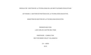 MODULO DE GESTION DE LA TECNOLOGIA EN LAS INSTITUCIONES EDUCATIVAS
ACTIVIDAD 3. GESTIÓN ESTRATÉGICA DE LA TECNOLOGÍA EDUCATIVA.
MAESTRIA EN GESTION DE LA TECNOLOGIA EDUCATIVA
PRESENTADO POR:
LUIS CARLOS CASTRO BELTRAN
PROFESOR – CONSULTOR:
HECTOR EMIRO VIOLET VILLANUEVA
CV – UDES
2015
 