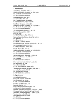 Viernes 29 de julio de 2016 DIARIO OFICIAL (Tercera Sección) 9
2. Importadoras
Acero Prime, S. de R.L. de C.V.
Guillermo González Camarena No.1200, piso 4
Col. Centro de Ciudad Santa Fe
C.P. 01210, Ciudad de México
Coilplus Mexicana, S.A. de C.V.
Av. Lambda No. 1450-12-B
Col. Parque Industrial Santa María
C.P. 25903, Ramos Arizpe, Coahuila
Ford Motor Company, S.A. de C.V.
Guillermo González Camarena No. 1500, piso 6
Col. Centro de Ciudad Santa Fe
C.P. 01210, Ciudad de México
JFE Shoji Steel de México, S.A. de C.V.
Paseo del Cucapah No. 10515
Fracc. El Lago
C.P. 22210, Tijuana, Baja California
National Material of México, S. de R.L. de C.V.
Río Duero No. 31
Col. Cuauhtémoc
C.P 06500, Ciudad de México
Papalotes Felizardo Elizondo Guajardo, S.A. de C.V.
Carretera Miguel Alemán Km. 23.5
C.P. 66600, Apodaca, Nuevo León
Pec de México, S.A. de C.V.
Guillermo González Camarena No. 1450, Int. 720
Col. Centro de Ciudad Santa Fe
C.P. 01210, Ciudad de México
Servilámina Summit Mexicana, S.A. de C.V.
Concepción Beistegui No. 103, Int. 5
Col. Del Valle
C.P. 03100, Ciudad de México
Steel Technologies de México, S.A. de C.V.
Av. Federalismo No. 204
Col. Industrial La Silla
C.P. 67199, Guadalupe, Nuevo León
Thyssenkrupp Materials de México, S.A. de C.V.
Av. de las Fuentes No. 145-PB
Col. Jardines del Pedregal
C.P. 01900, Ciudad de México
3. Exportadoras
China Steel Corporation
Bosque de Cipreses Sur No. 51
Col. Bosques de las Lomas
C.P. 11700, Ciudad de México
Baoshan lron & Steel Co., Ltd.
Baosteel America, Inc.
Beijing Shougang Cold Rolling Co., Ltd.
China Iron and Steel Association
Oriental United Resources (Hong Kong) Co., Limited
Shougang Holding Trade (Hong Kong) Limited
Shougang Jingtang United Iron & Steel Co., Ltd.
Tangshan Iron & Steel Co., Ltd.
Martín Mendalde No. 1755-PB
Col. Del Valle
C.P. 03100, Ciudad de México
 