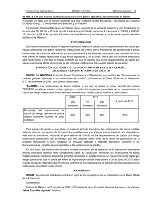 Viernes 29 de julio de 2016 DIARIO OFICIAL (Primera Sección) 39
RESOLUCIÓN que modifica las Disposiciones de carácter general aplicables a las instituciones de crédito.
Al margen un sello con el Escudo Nacional, que dice: Estados Unidos Mexicanos.- Secretaría de Hacienda
y Crédito Público.- Comisión Nacional Bancaria y de Valores.
La Comisión Nacional Bancaria y de Valores con el acuerdo de su Junta de Gobierno y con fundamento en
los artículos 50, 96 Bis y 97 de la Ley de Instituciones de Crédito, así como 4, fracciones II, XXXVI y XXXVIII,
16, fracción I y 19 de la Ley de la Comisión Nacional Bancaria y de Valores, y con la previa opinión favorable
del Banco de México y
CONSIDERANDO
Que resulta necesario ajustar el régimen transitorio relativo al cálculo de los requerimientos de capital por
riesgo operacional que deben realizar las instituciones de crédito, con la finalidad de dar oportunidad a dichas
instituciones de continuar adecuando sus procedimientos y los sistemas necesarios para calcular de forma
más precisa el riesgo operacional al que están expuestas y, en su caso, contar con los recursos adecuados
para hacer frente a este tipo de riesgo, evitando así que el impacto total de los requerimientos de capital por
riesgo operacional afecte la solvencia de las referidas instituciones, ha resuelto expedir la siguiente:
RESOLUCIÓN QUE MODIFICA LAS DISPOSICIONES DE CARÁCTER GENERAL
APLICABLES A LAS INSTITUCIONES DE CRÉDITO
ÚNICO.- Se ADICIONA el artículo Cuarto Transitorio a la “Resolución que modifica las Disposiciones de
carácter general aplicables a las instituciones de crédito”, publicada en el Diario Oficial de la Federación
el 31 de diciembre de 2014, para quedar como sigue:
“CUARTO.- Las instituciones de banca múltiple a las que se refiere el primer párrafo del artículo
TERCERO transitorio anterior podrán optar por constituir los siguientes porcentajes de su requerimiento de
capital por riesgo operacional, en los periodos señalados en la tabla que se muestra a continuación:
2016 2017
A partir de 20182do
Semestre
1er
Semestre
2do
Semestre
Porcentaje del requerimiento de
capital por riesgo operacional que se
deberá mantener durante el plazo
señalado
30% 45% 80% 100%
Para ejercer la opción a que alude el presente artículo transitorio, las instituciones de banca múltiple
deberán informar por escrito a la Comisión Nacional Bancaria y de Valores que se sujetarán a lo dispuesto en
este artículo transitorio, indicando si para realizar el cálculo de los requerimientos de capital por riesgo
operacional continuarán con el enfoque que han utilizado hasta antes de la fecha de publicación de la
presente Resolución o bien, utilizarán un enfoque estándar o estándar alternativo conforme a las
Disposiciones de carácter general aplicables a las instituciones de crédito.
En todo caso, las instituciones de banca múltiple que opten por la aplicación de lo previsto en el presente
artículo transitorio deberán darle cumplimiento hasta su conclusión. Asimismo, las instituciones de banca
múltiple deberán mantener durante los periodos señalados en la tabla anterior, un requerimiento de capital por
riesgo operacional que no podrá ser menor al registrado por dichas instituciones al 30 de junio de 2016, salvo
cuando el cálculo respectivo que se efectúe conforme a las Disposiciones de carácter general aplicables a las
instituciones de crédito resulte menor.
TRANSITORIO
ÚNICO.- La presente Resolución entrará en vigor el día siguiente al de su publicación en el Diario Oficial
de la Federación.
Atentamente,
Ciudad de México, a 26 de julio de 2016.- El Presidente de la Comisión Nacional Bancaria y de Valores,
Jaime González Aguadé.- Rúbrica.
 