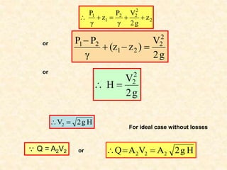 2
2
2
2
1
1
z
g
2
V
γ
P
z
γ
P





H
g
2
V2 

g
2
V
)
z
(z
γ
P
P 2
2
2
1
2
1




g
2
V
H
2
2


or
or
For ideal case without losses
 Q = A2V2 H
g
2
A
V
A
Q 2
2
2 


or
 