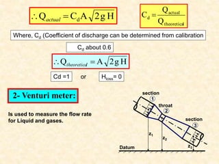 H
g
2
A
C
Q d

 actual
H
g
2
A
Q 
 l
theoretica
Where, Cd (Coefficient of discharge can be determined from calibration
Cd about 0.6
Cd =1 Hloss= 0
or
2- Venturi meter:
Is used to measure the flow rate
for Liquid and gases.
1
2
3
throat
z1
z2
z3
Datum
section
section
l
theoretica
actual
d
Q
Q
C 
 