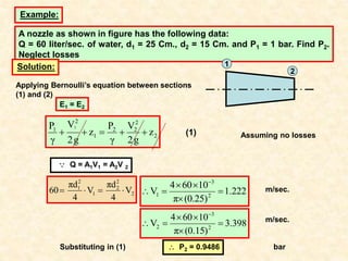 Example:
A nozzle as shown in figure has the following data:
Q = 60 liter/sec. of water, d1 = 25 Cm., d2 = 15 Cm. and P1 = 1 bar. Find P2.
Neglect losses
Solution: 1
2
Applying Bernoulli’s equation between sections
(1) and (2)
2
2
2
2
1
2
1
z
g
2
V
γ
P
z
g
2
V
γ
P 1





E1 = E2
Assuming no losses
(1)
 Q = A1V1 = A2V 2
2
2
2
1
2
1
V
4
πd
V
4
πd
60 


 1.222
(0.25)
π
10
60
4
V 2
3
1 






m/sec.
398
.
3
)
15
(0.
π
10
60
4
V 2
3
2 






m/sec.
Substituting in (1)  P2 = 0.9486 bar
 